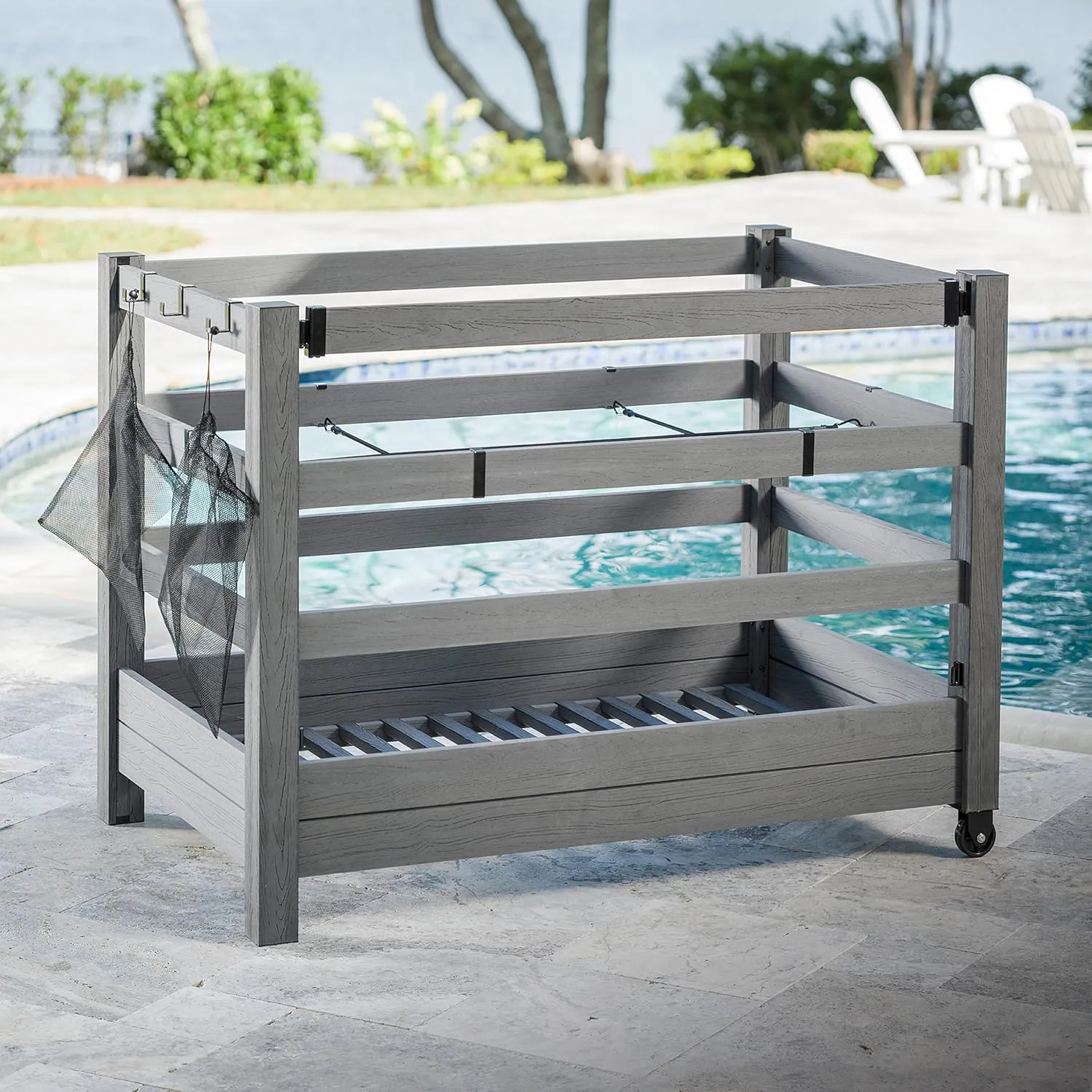 3.4ft H x 4.6ft W x 2.8ft L WoodTek Poolside Organizer and Pool Float Storage Rack, Wheeled Storage for Toys, Floats, and Accessories - Durable Pool Deck Caddy & Organizer w/Dividers, Zippity ZP19078