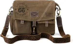 3B-Route 66Upcycled Vintage Military Leather Canvas Shoulder Bag Laptop Messenger Bags Medium Crossbody Purse with 2 Straps