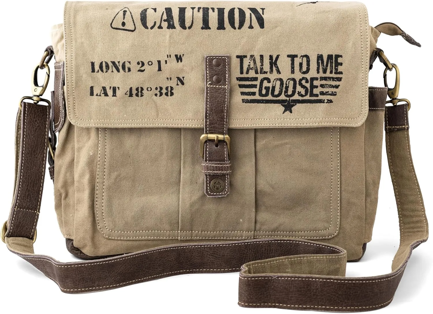 3B-Vintage Print Talk To me goose Upcycled Military Leather Canvas Shoulder Bag Laptop Messenger Bags Crossbody 2 Straps