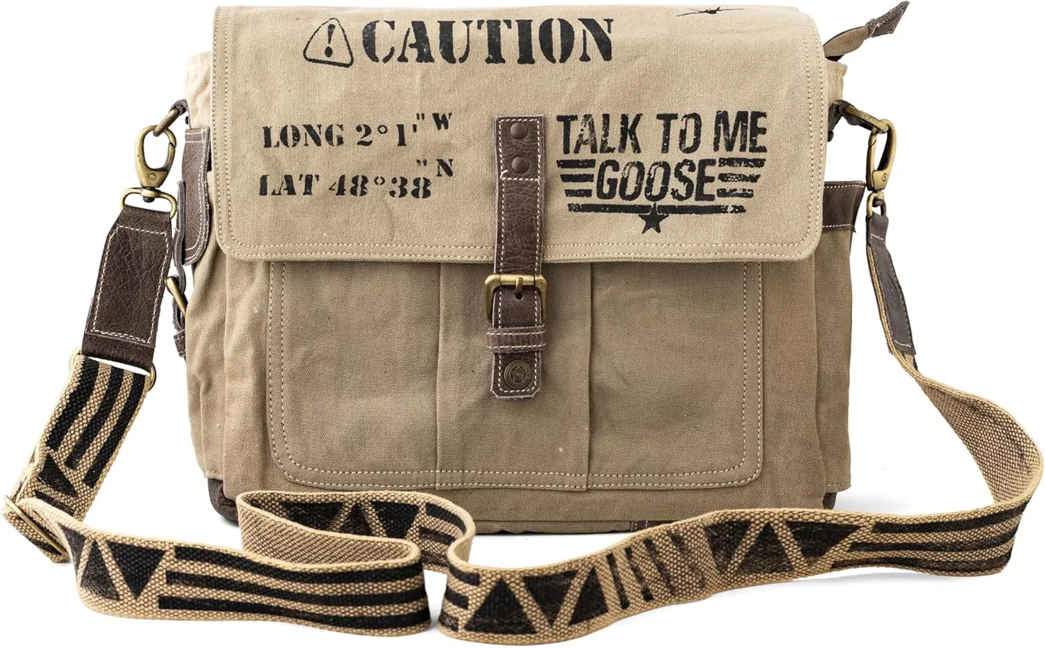 3B-Vintage Print Talk To me goose Upcycled Military Leather Canvas Shoulder Bag Laptop Messenger Bags Crossbody 2 Straps