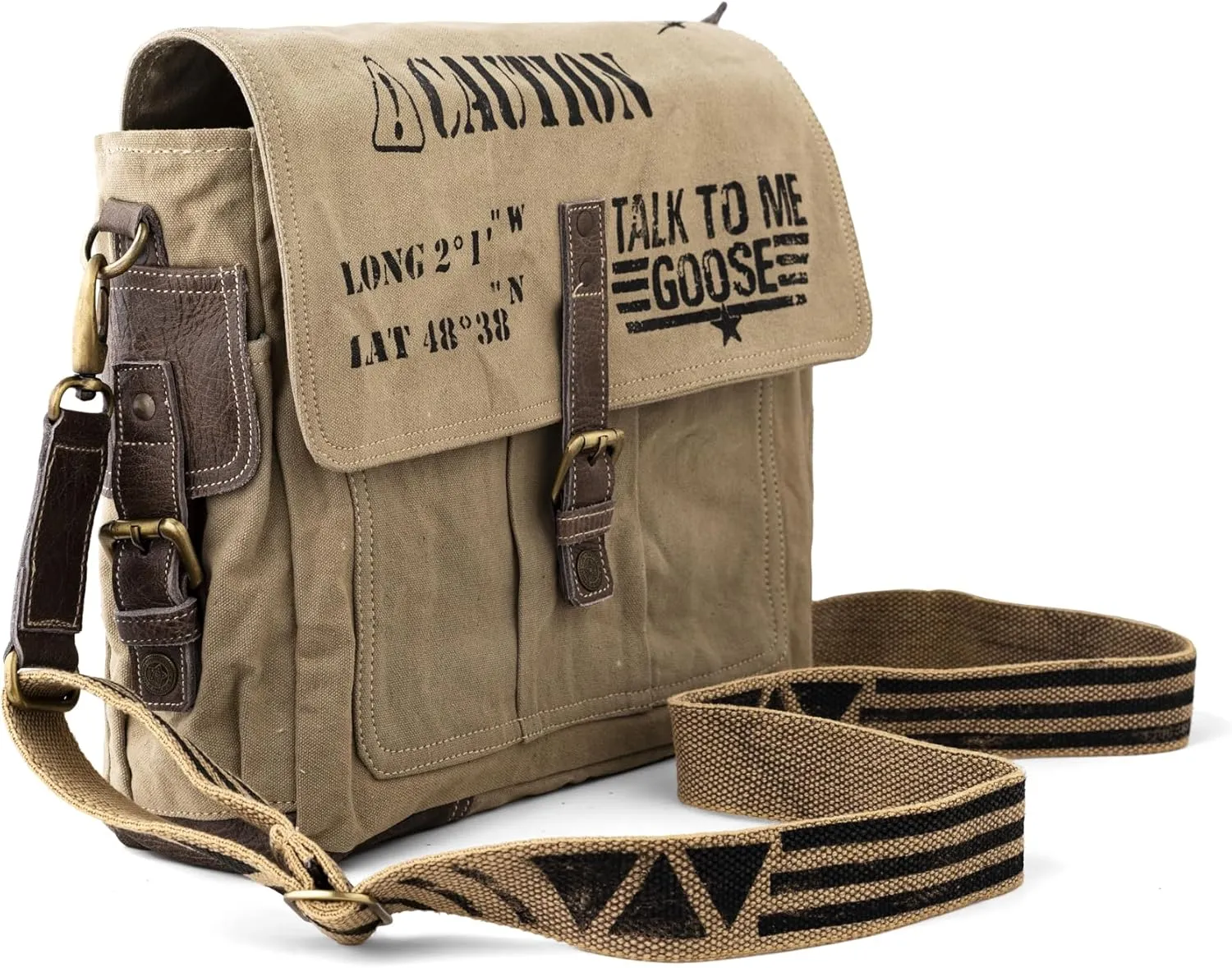 3B-Vintage Print Talk To me goose Upcycled Military Leather Canvas Shoulder Bag Laptop Messenger Bags Crossbody 2 Straps