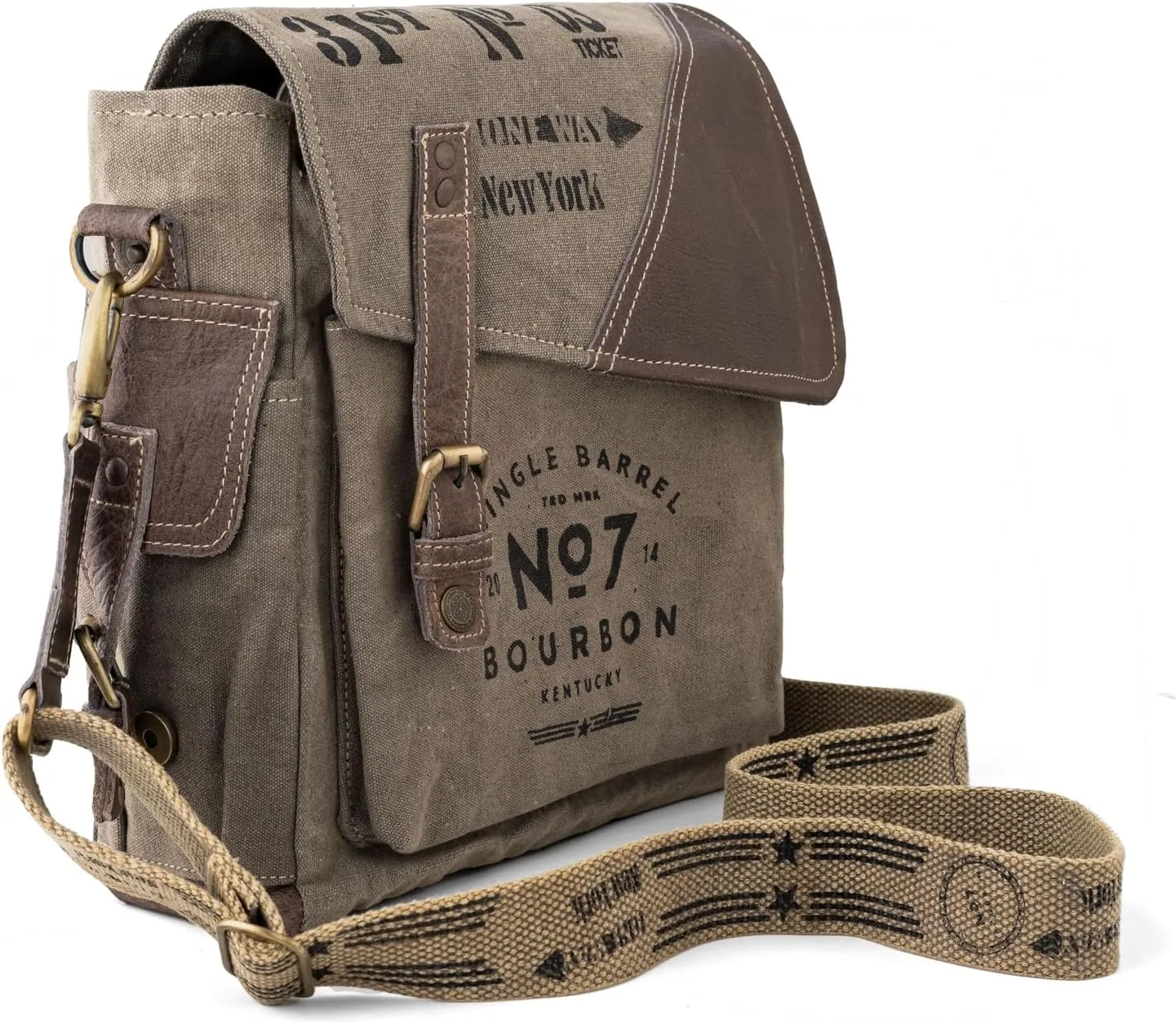 3B-Vintage Print Upcycled Military Leather Canvas Shoulder Bag Laptop Messenger Bags Medium Crossbody 2 Straps