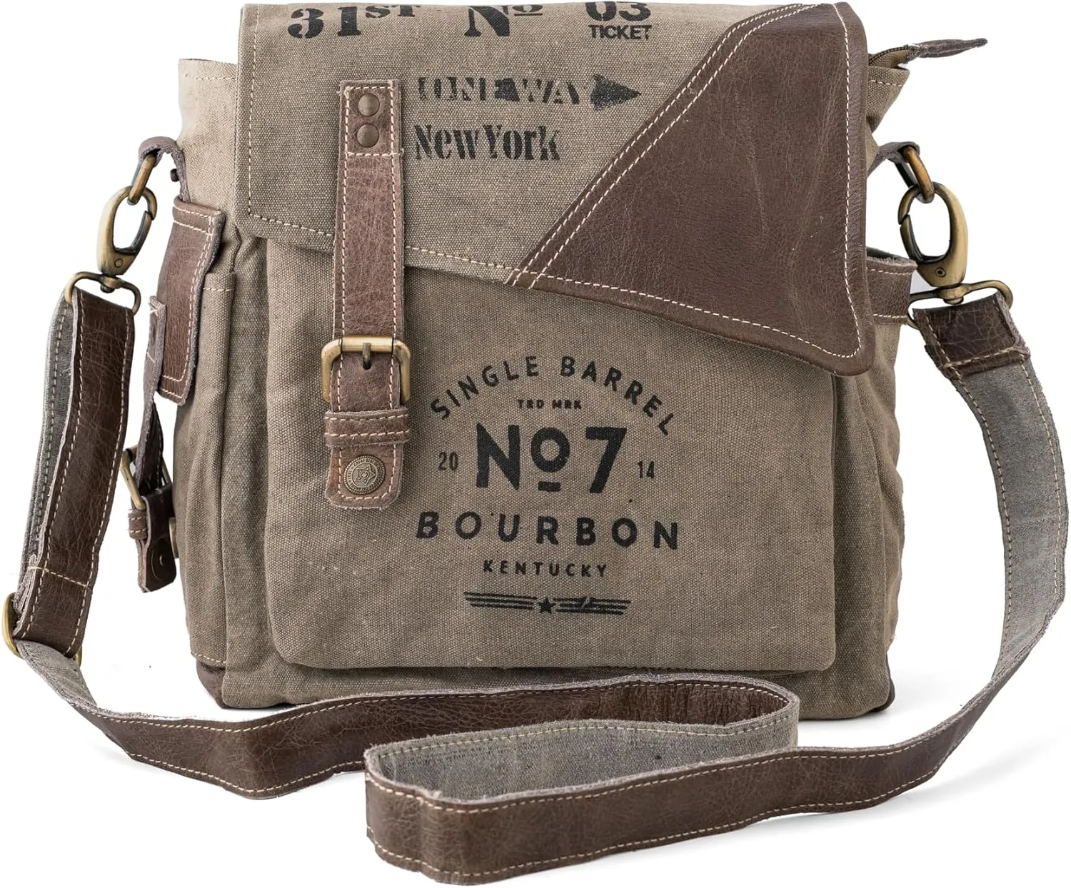 3B-Vintage Print Upcycled Military Leather Canvas Shoulder Bag Laptop Messenger Bags Medium Crossbody 2 Straps