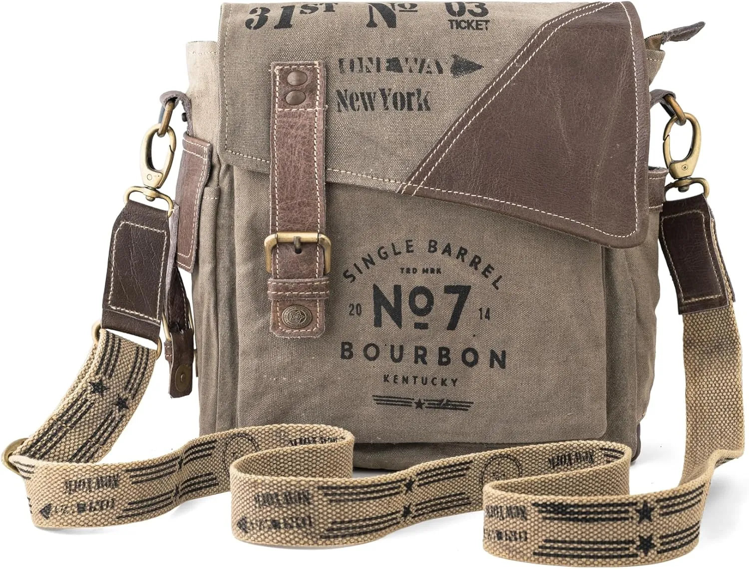 3B-Vintage Print Upcycled Military Leather Canvas Shoulder Bag Laptop Messenger Bags Medium Crossbody 2 Straps