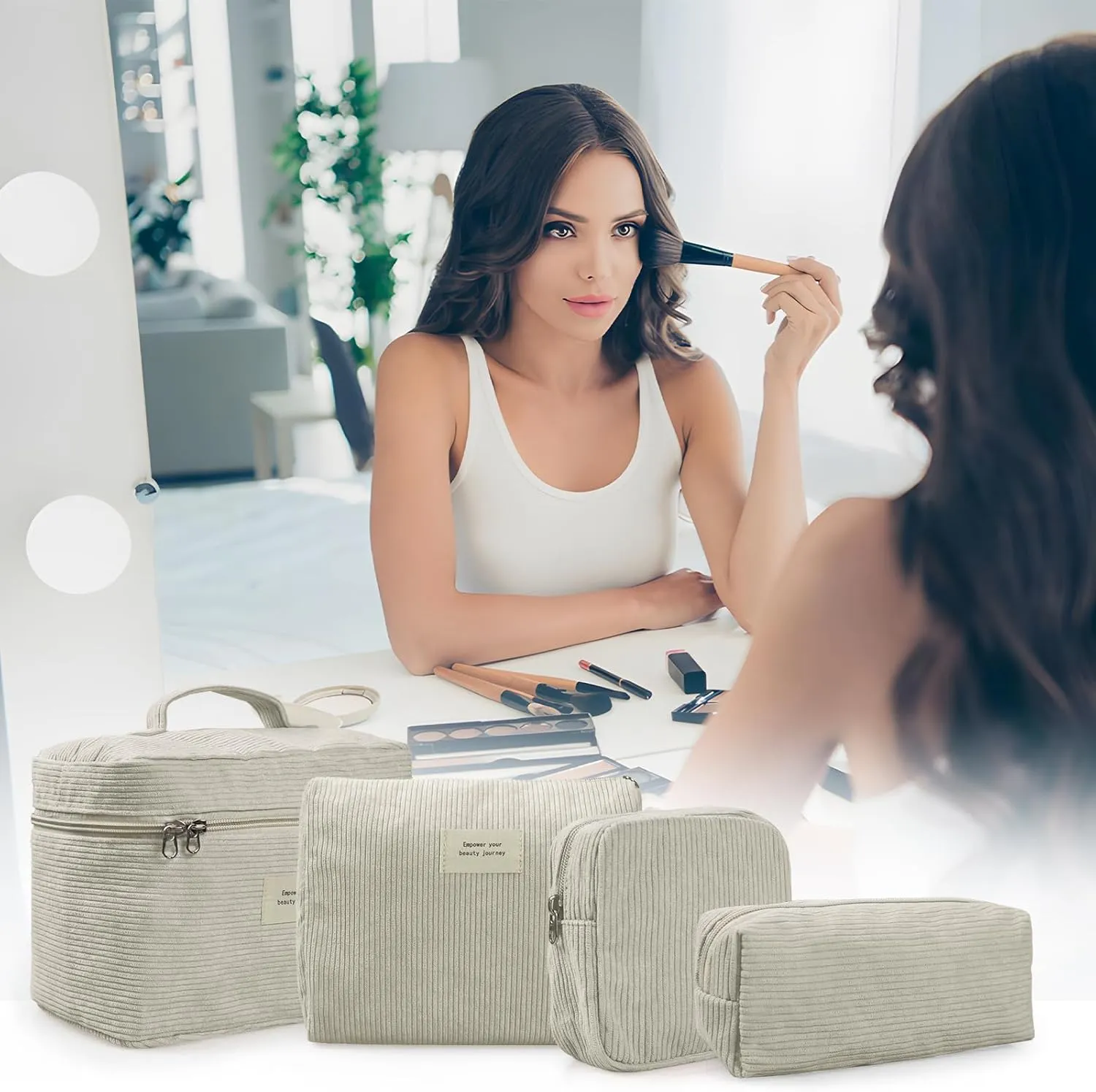 4 Pcs Makeup Bag for Women Corduroy Cosmetic Bag Aesthetic Cute Bags Multi Size Purse Pouch Travel Toiletry Bag Set Makeup Organizer with Zipper(BeigeCorduroy)