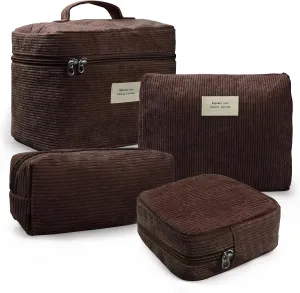4 Pcs Makeup Bag for Women Corduroy Cosmetic Bag Aesthetic Cute Bags Multi Size Purse Pouch Travel Toiletry Bag Set Makeup Organizer with Zipper(Khaki)