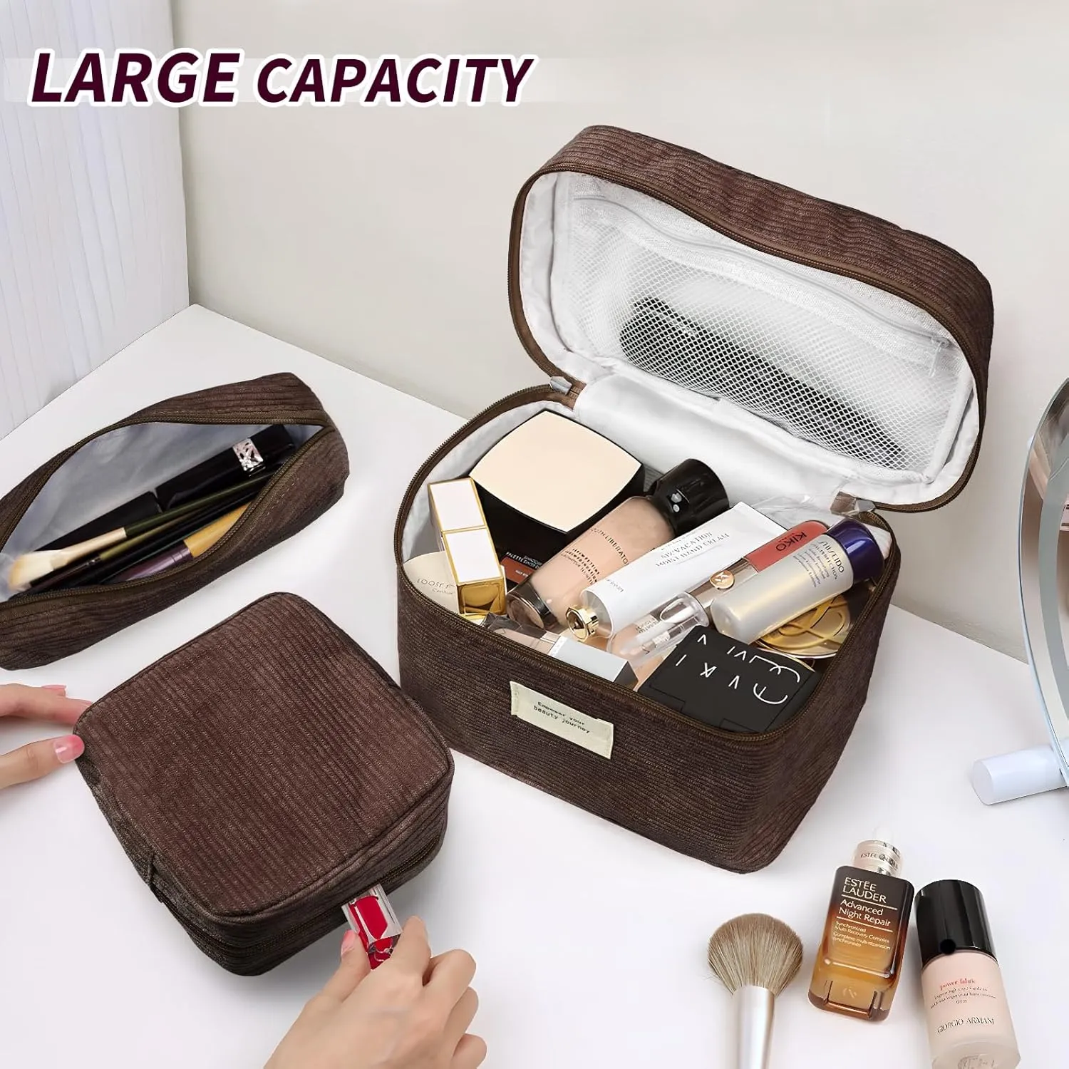 4 Pcs Makeup Bag for Women Corduroy Cosmetic Bag Aesthetic Cute Bags Multi Size Purse Pouch Travel Toiletry Bag Set Makeup Organizer with Zipper(Khaki)