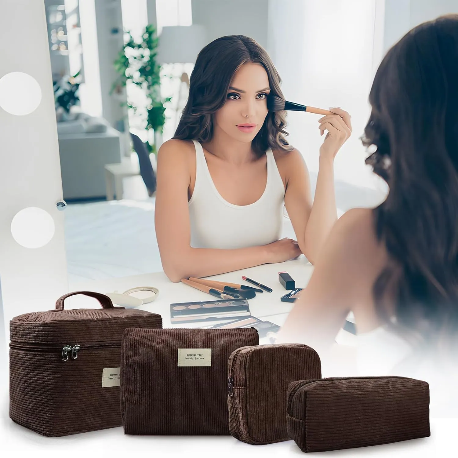 4 Pcs Makeup Bag for Women Corduroy Cosmetic Bag Aesthetic Cute Bags Multi Size Purse Pouch Travel Toiletry Bag Set Makeup Organizer with Zipper(Khaki)