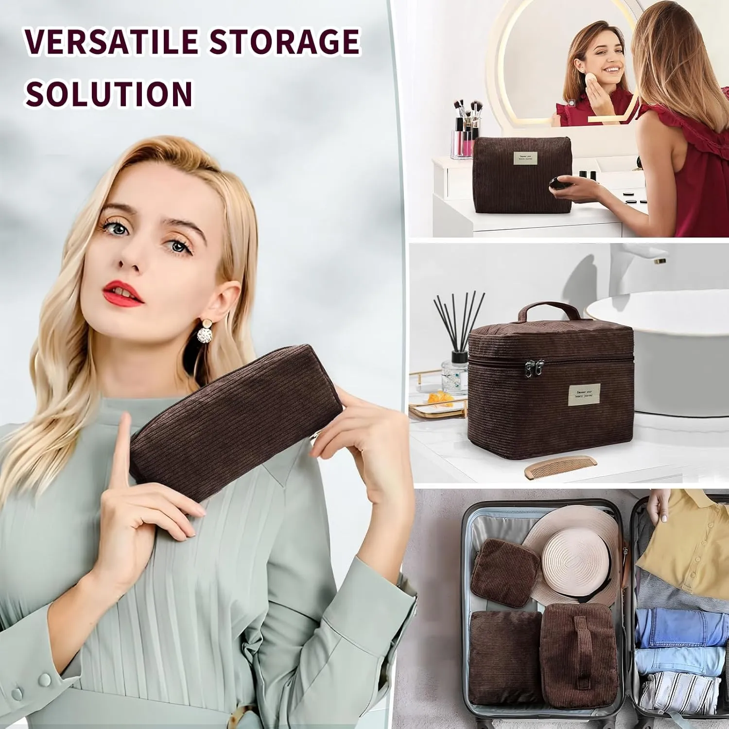 4 Pcs Makeup Bag for Women Corduroy Cosmetic Bag Aesthetic Cute Bags Multi Size Purse Pouch Travel Toiletry Bag Set Makeup Organizer with Zipper(Khaki)