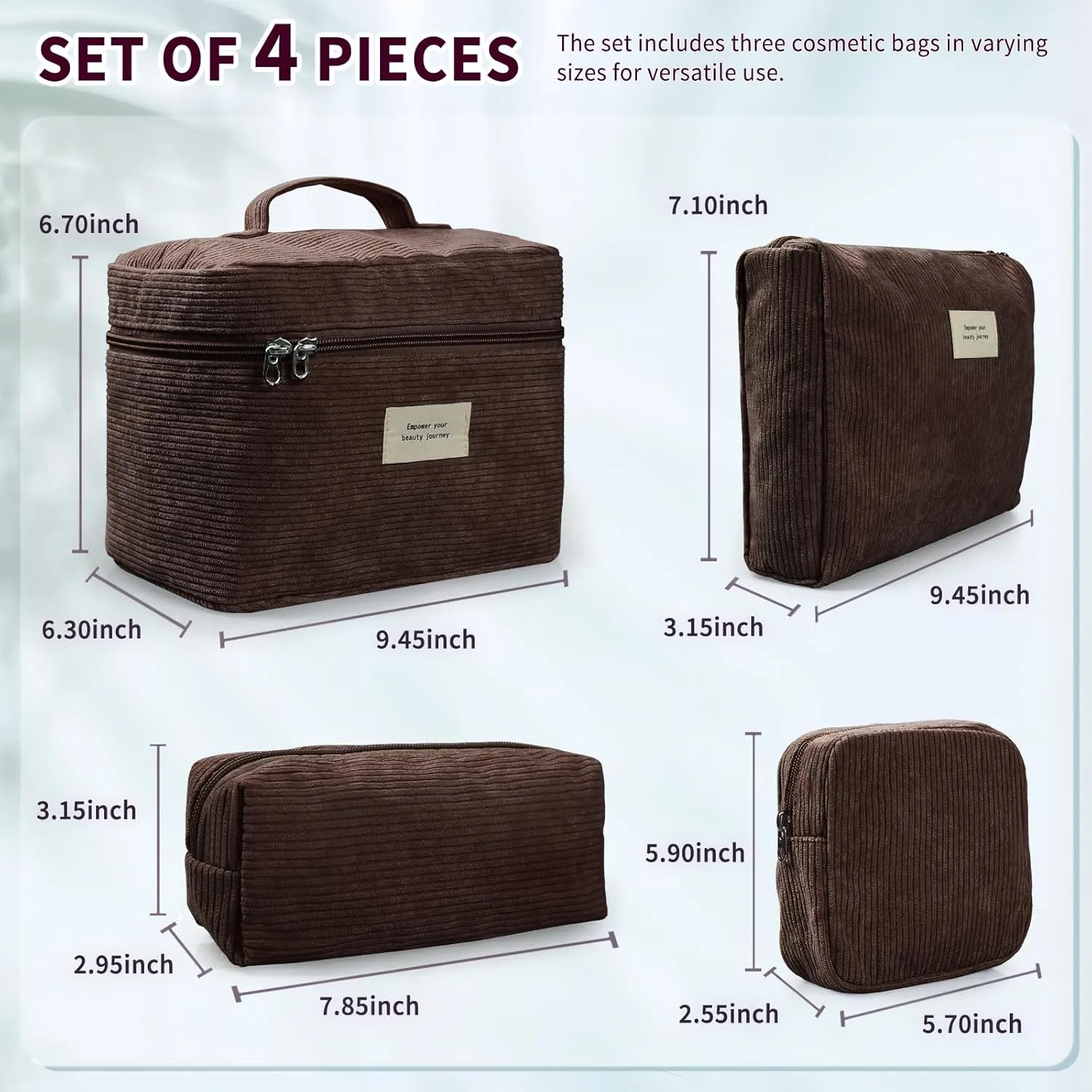 4 Pcs Makeup Bag for Women Corduroy Cosmetic Bag Aesthetic Cute Bags Multi Size Purse Pouch Travel Toiletry Bag Set Makeup Organizer with Zipper(Khaki)