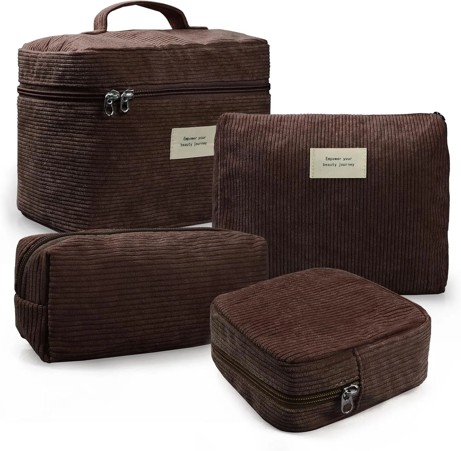 4 Pcs Makeup Bag for Women Corduroy Cosmetic Bag Aesthetic Cute Bags Multi Size Purse Pouch Travel Toiletry Bag Set Makeup Organizer with Zipper(Khaki)