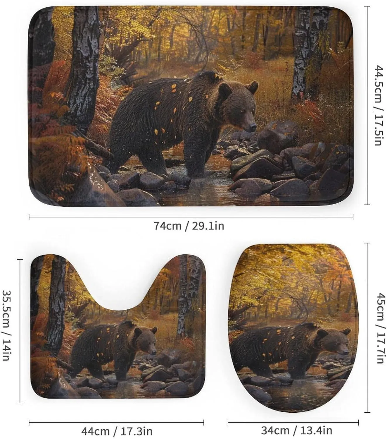 4Pcs Forest Bear Shower Curtain Set, Yellow Tree Leaves Stream Jungle Animal Bathroom Decor Set with Rug Bathroom Accessory Bathroom Curtain Shower Set, 72" x 72"