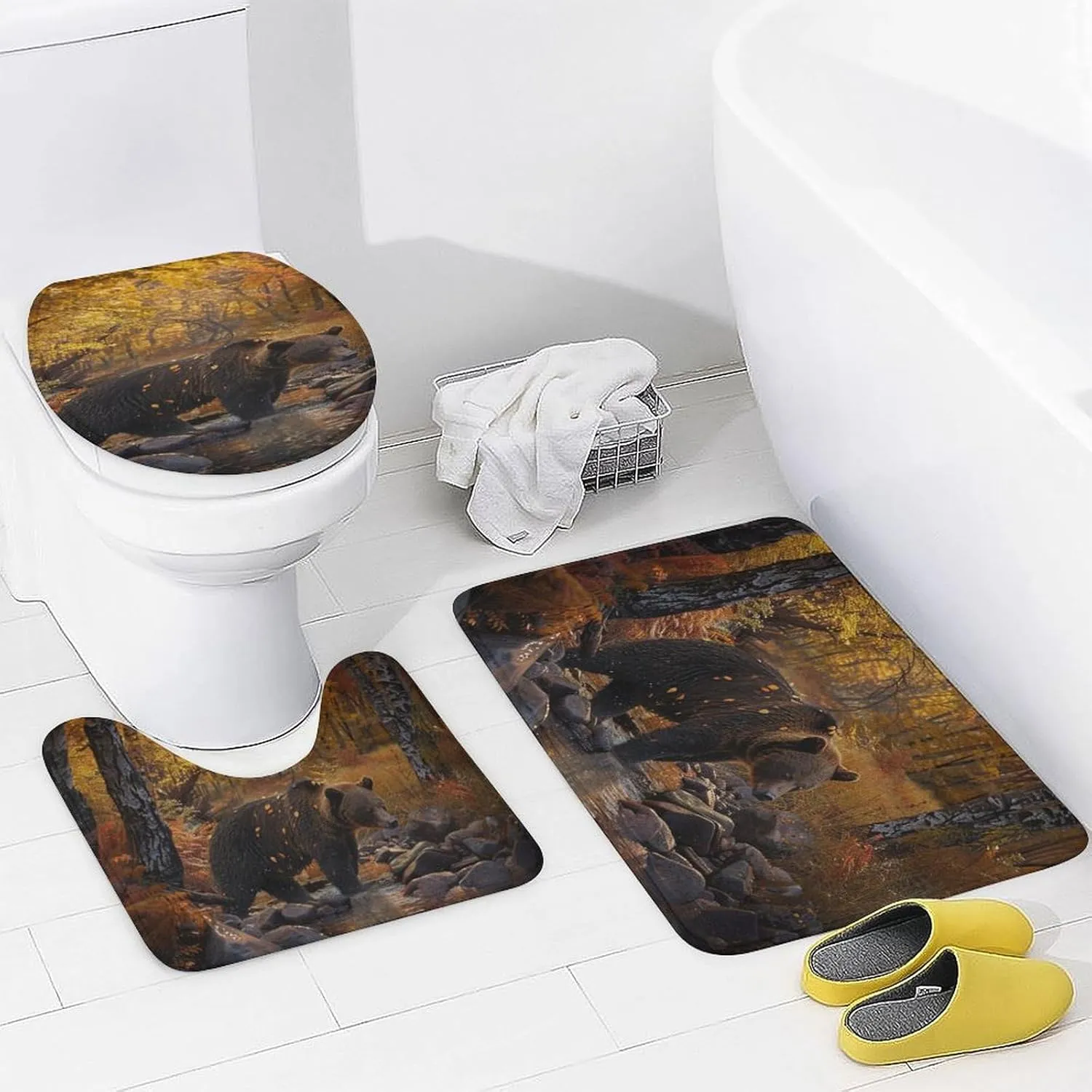 4Pcs Forest Bear Shower Curtain Set, Yellow Tree Leaves Stream Jungle Animal Bathroom Decor Set with Rug Bathroom Accessory Bathroom Curtain Shower Set, 72" x 72"