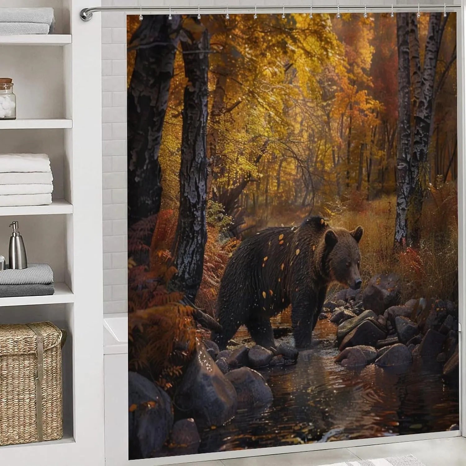 4Pcs Forest Bear Shower Curtain Set, Yellow Tree Leaves Stream Jungle Animal Bathroom Decor Set with Rug Bathroom Accessory Bathroom Curtain Shower Set, 72" x 72"