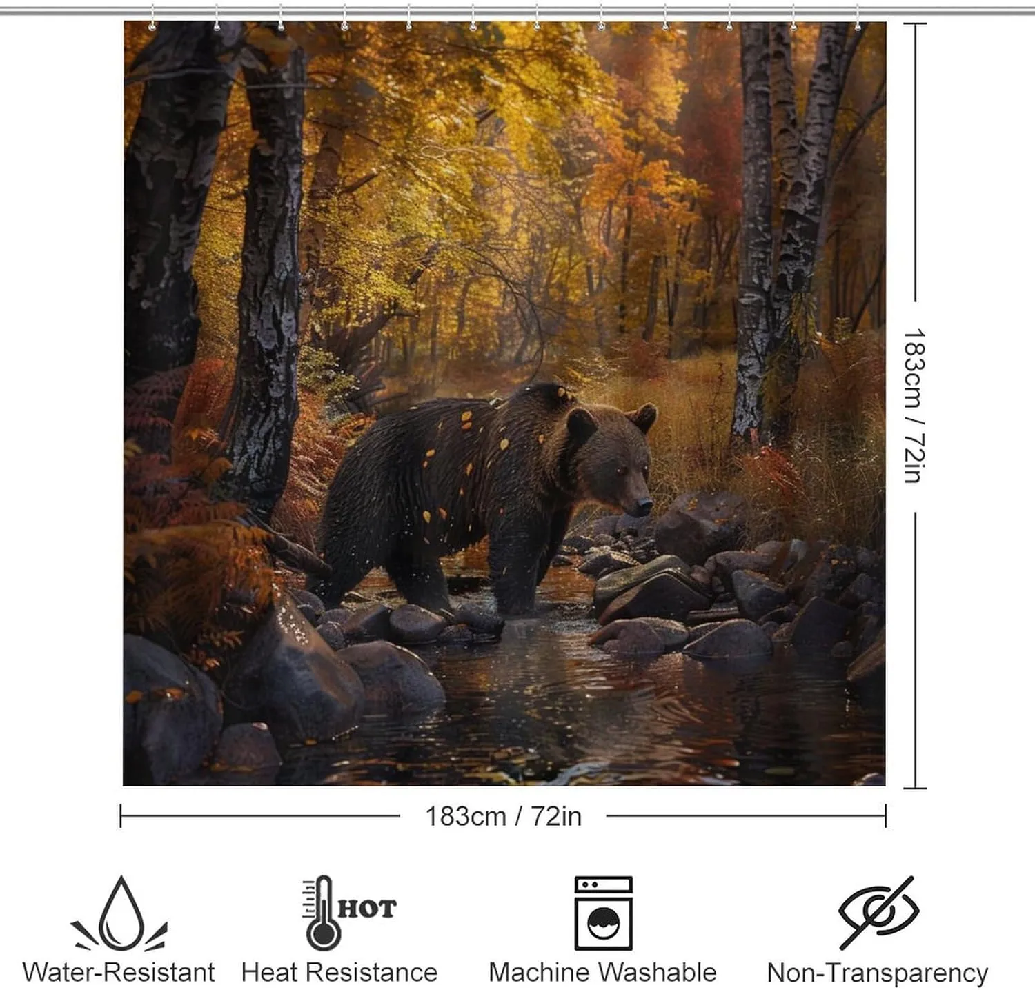 4Pcs Forest Bear Shower Curtain Set, Yellow Tree Leaves Stream Jungle Animal Bathroom Decor Set with Rug Bathroom Accessory Bathroom Curtain Shower Set, 72" x 72"