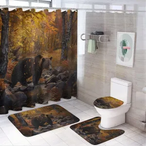 4Pcs Forest Bear Shower Curtain Set, Yellow Tree Leaves Stream Jungle Animal Bathroom Decor Set with Rug Bathroom Accessory Bathroom Curtain Shower Set, 72" x 72"
