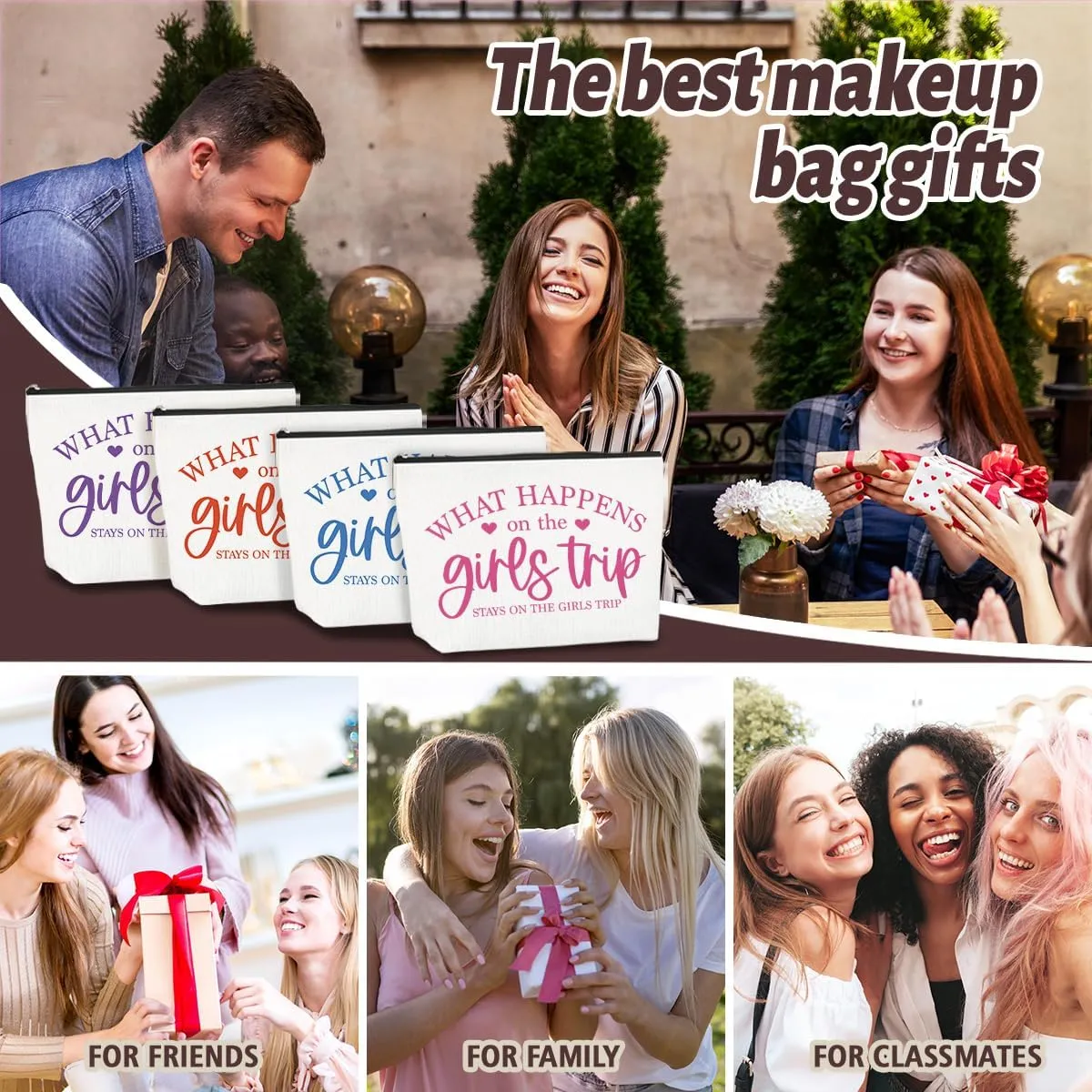 4Pcs Girls Trip Gifts Favors Girls Weekend Gifts for Women Makeup Bag Cosmetic Bag Girls Trip Essentials Weekend Bag Coin Purse for Friend Niece Bestie Daughter Coworker Graduation Christmas Birthday