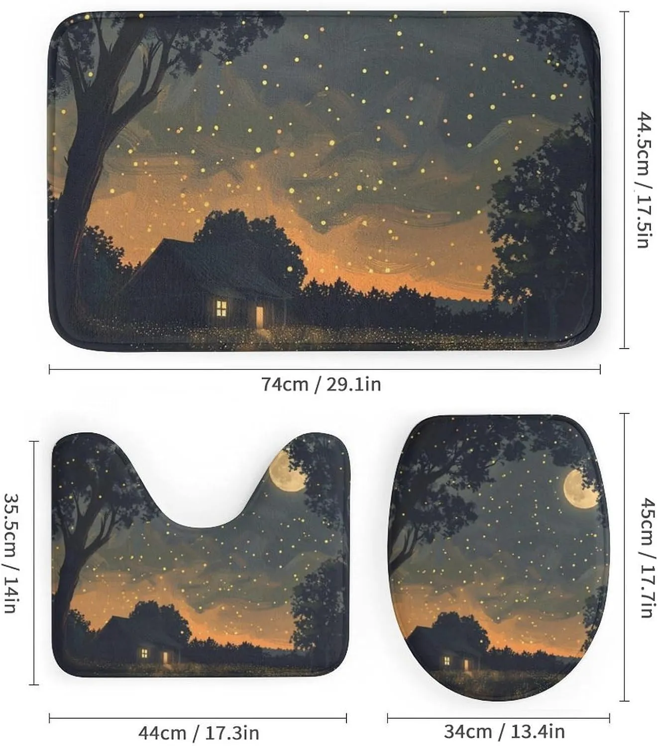 4Pcs Vintage Jungle Cabin Shower Curtain Sets, Bath Mat and Rugs, Night Starry Moon Scene Shower Curtain with Hooks for Bathroom