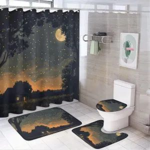 4Pcs Vintage Jungle Cabin Shower Curtain Sets, Bath Mat and Rugs, Night Starry Moon Scene Shower Curtain with Hooks for Bathroom