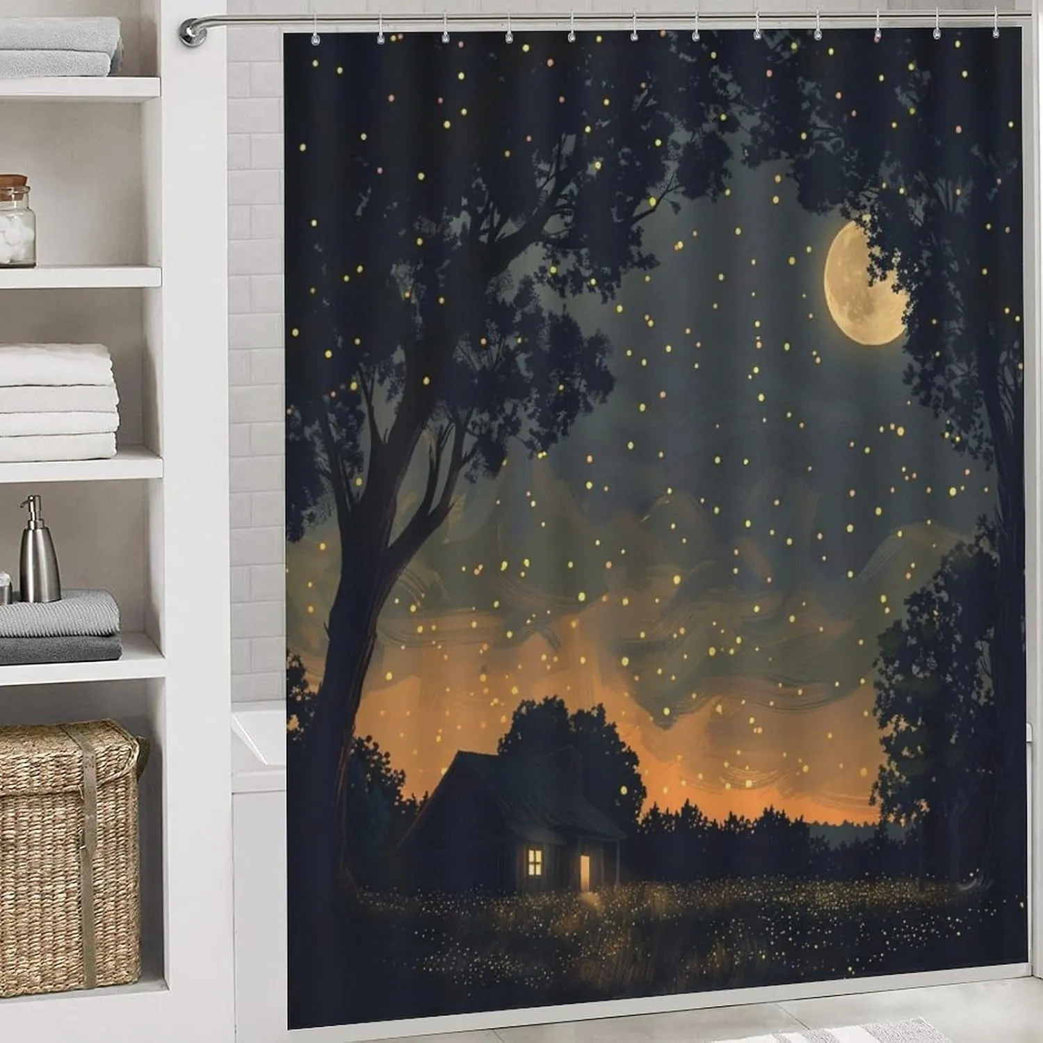 4Pcs Vintage Jungle Cabin Shower Curtain Sets, Bath Mat and Rugs, Night Starry Moon Scene Shower Curtain with Hooks for Bathroom