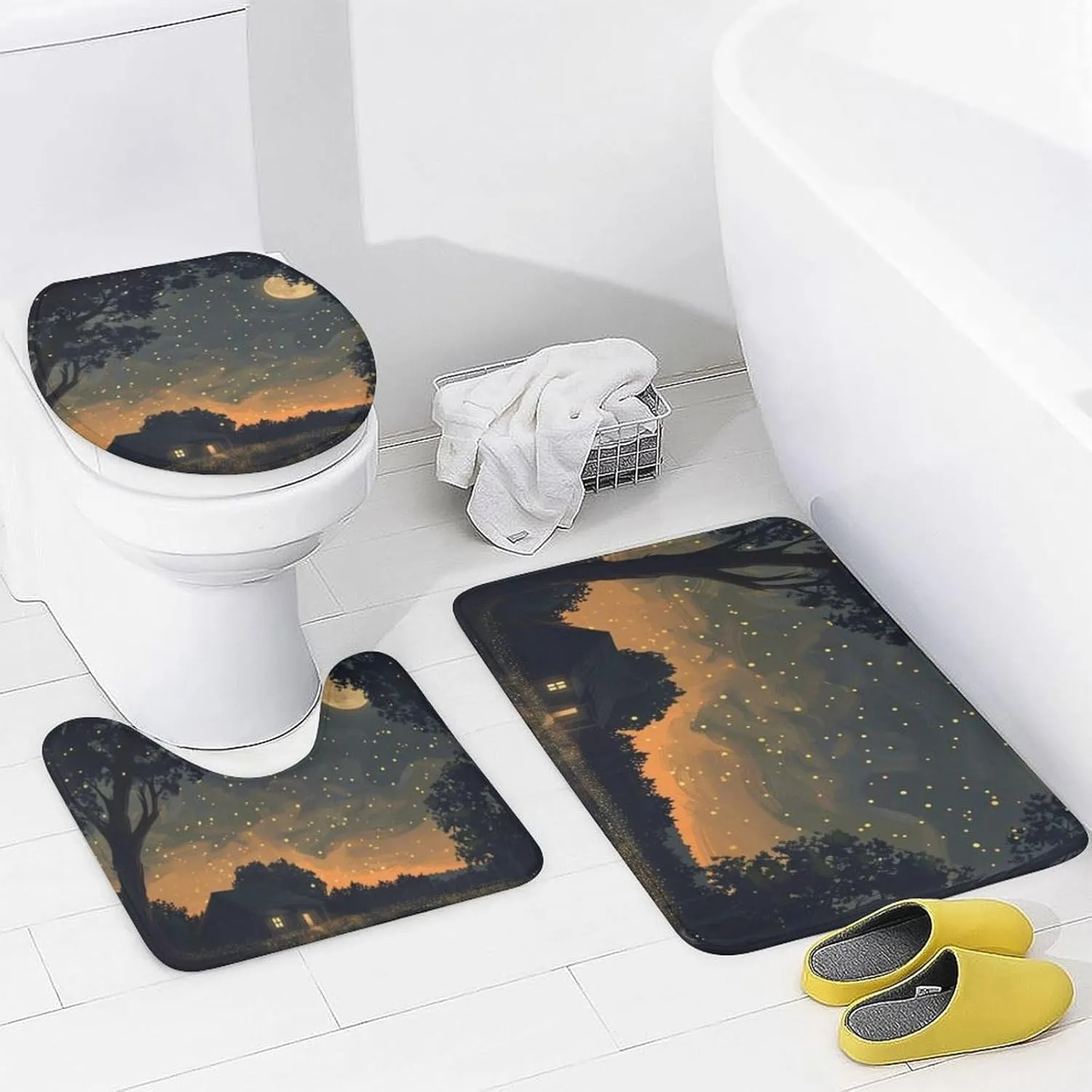 4Pcs Vintage Jungle Cabin Shower Curtain Sets, Bath Mat and Rugs, Night Starry Moon Scene Shower Curtain with Hooks for Bathroom