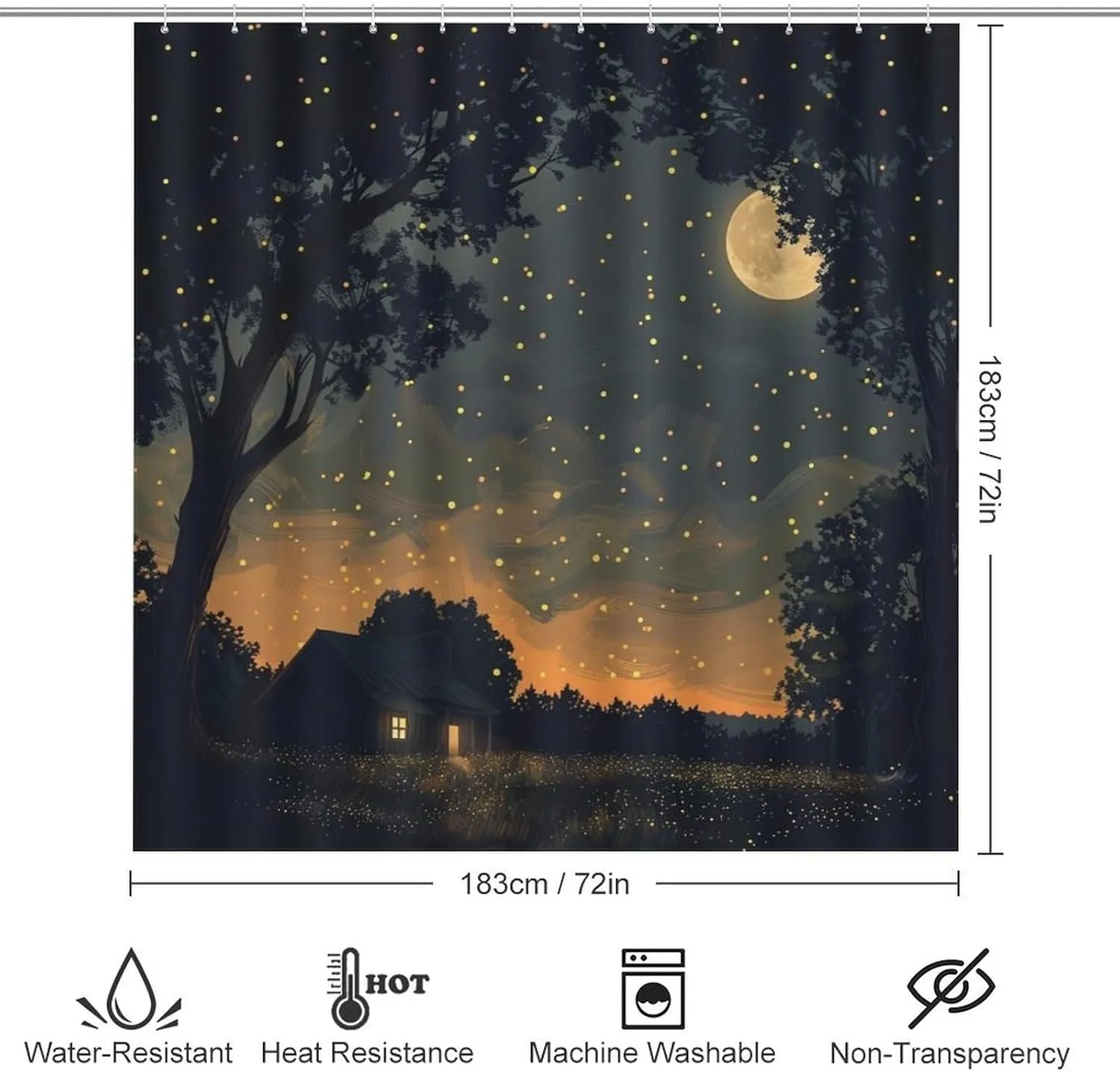 4Pcs Vintage Jungle Cabin Shower Curtain Sets, Bath Mat and Rugs, Night Starry Moon Scene Shower Curtain with Hooks for Bathroom