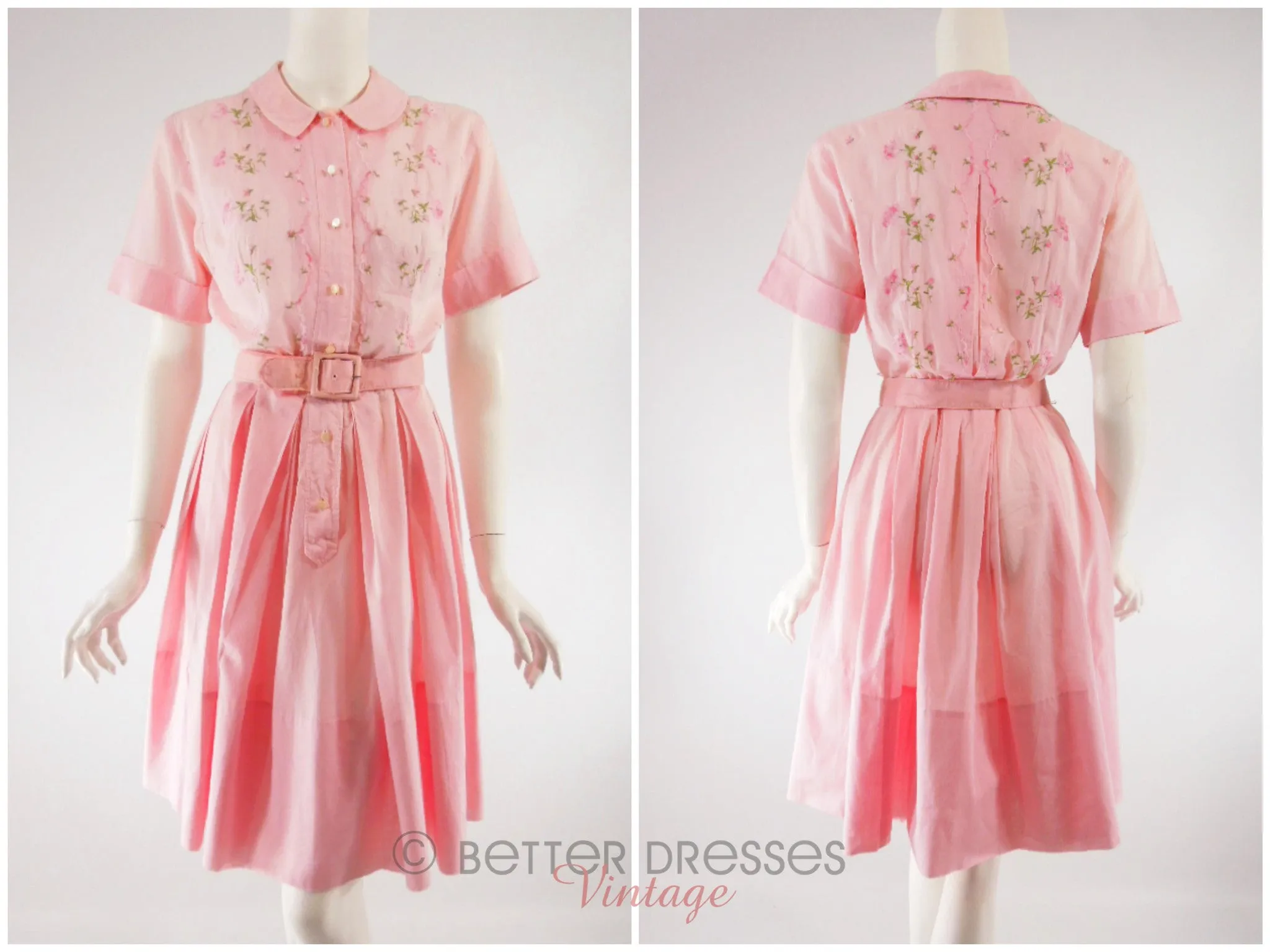 50s/60s Embroidered Pink Cotton Shirtwaist