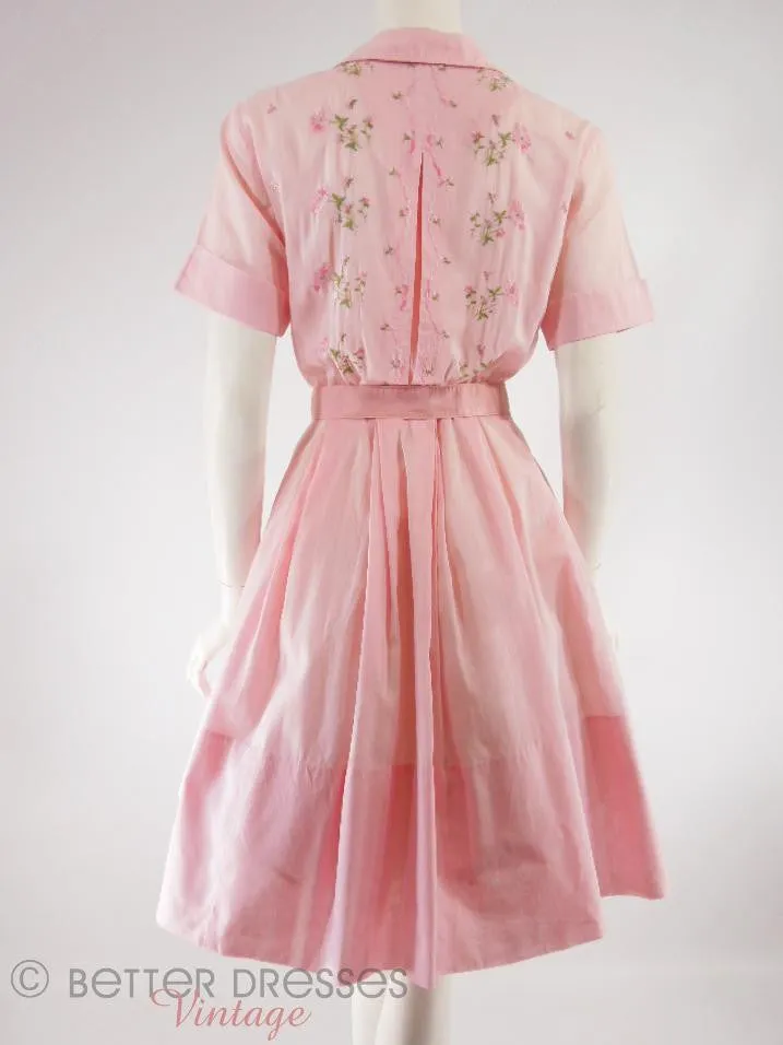50s/60s Embroidered Pink Cotton Shirtwaist