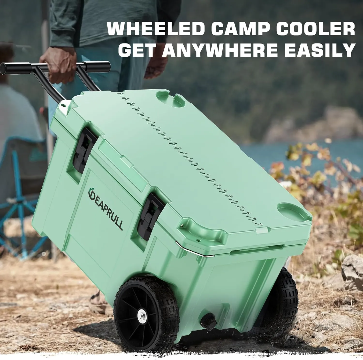55 Quart Cooler with Wheels, Ice Chests Portable Camping Cooler Holds Ice up to 6 Days, Leak-Proof Outdoor Insulated Cooler with Handle, Cup Holders, Hard Cooler for Camping, Beach, Boat