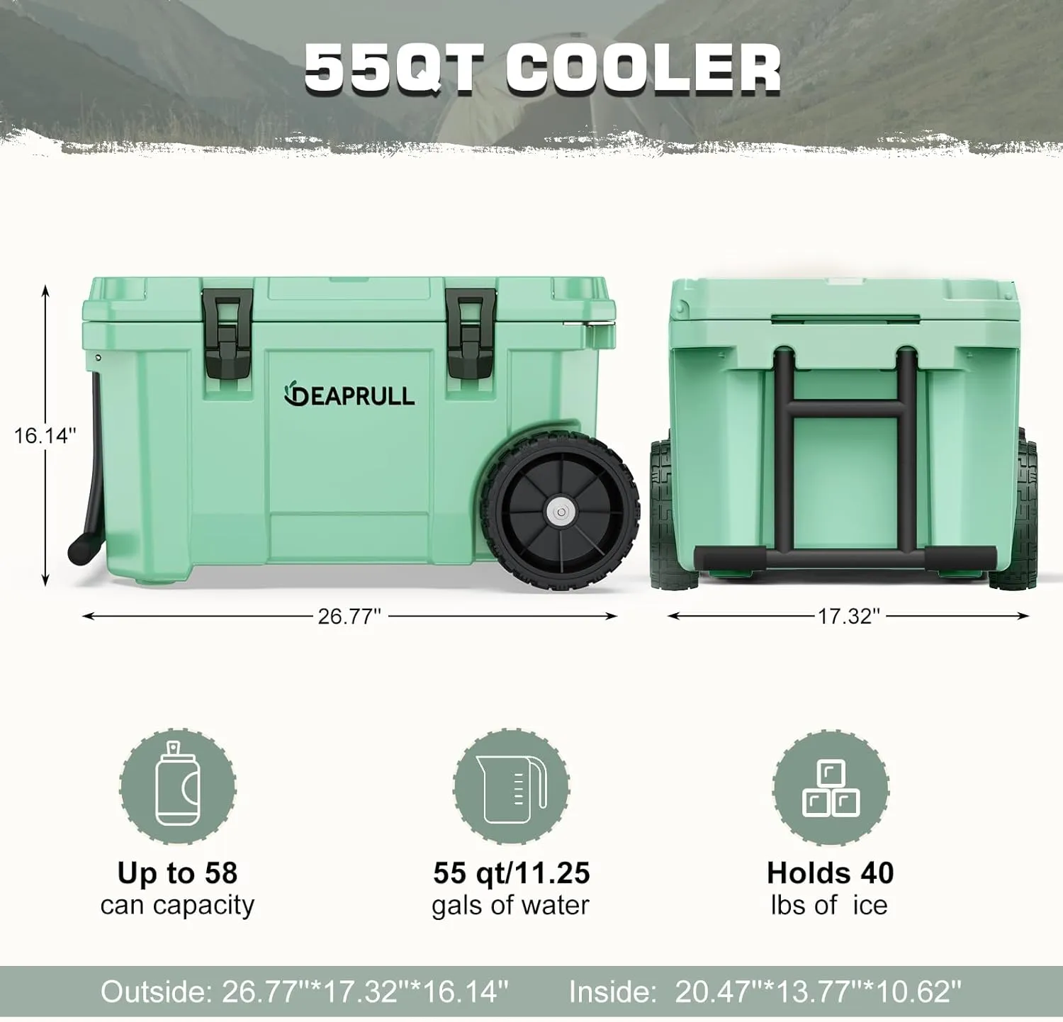 55 Quart Cooler with Wheels, Ice Chests Portable Camping Cooler Holds Ice up to 6 Days, Leak-Proof Outdoor Insulated Cooler with Handle, Cup Holders, Hard Cooler for Camping, Beach, Boat