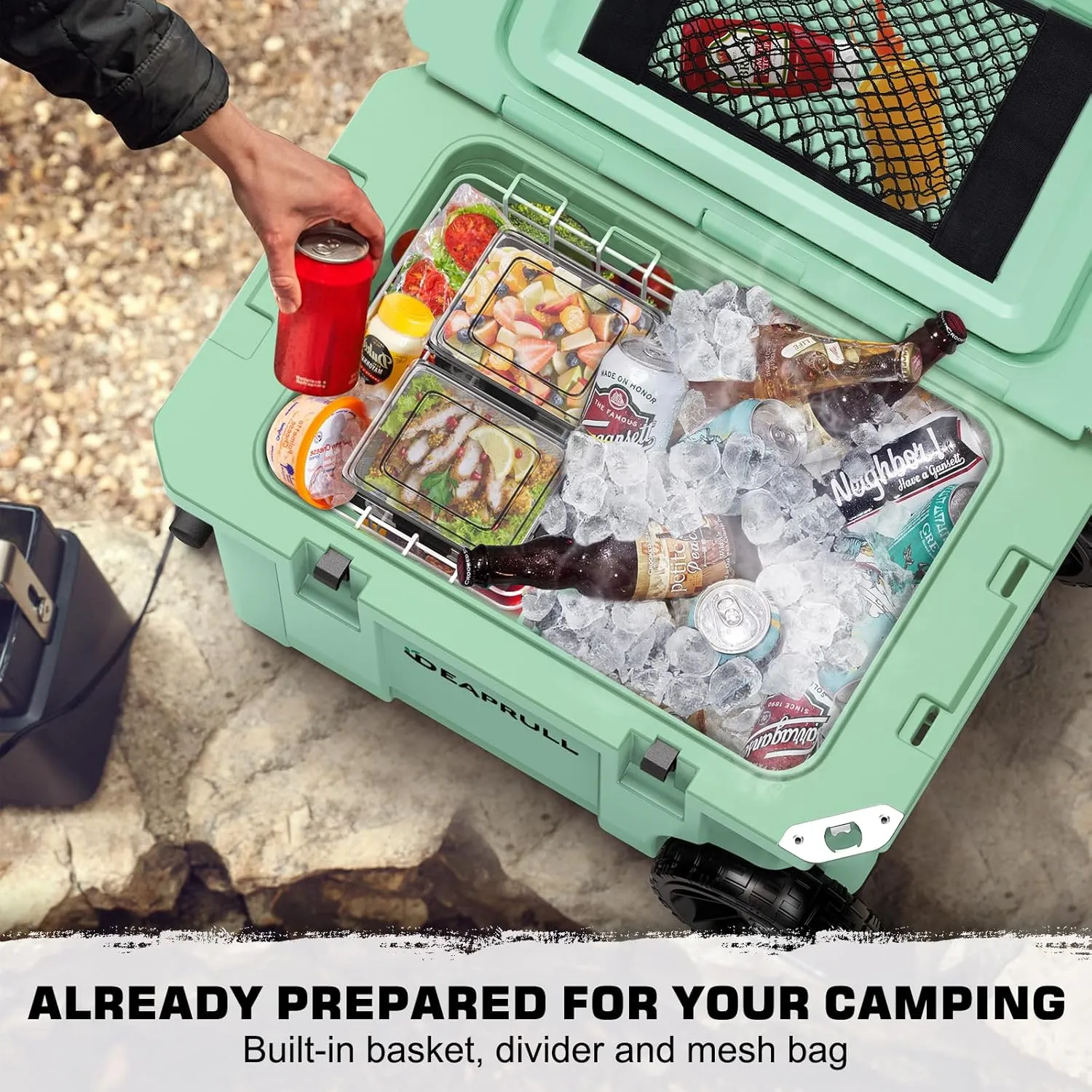 55 Quart Cooler with Wheels, Ice Chests Portable Camping Cooler Holds Ice up to 6 Days, Leak-Proof Outdoor Insulated Cooler with Handle, Cup Holders, Hard Cooler for Camping, Beach, Boat