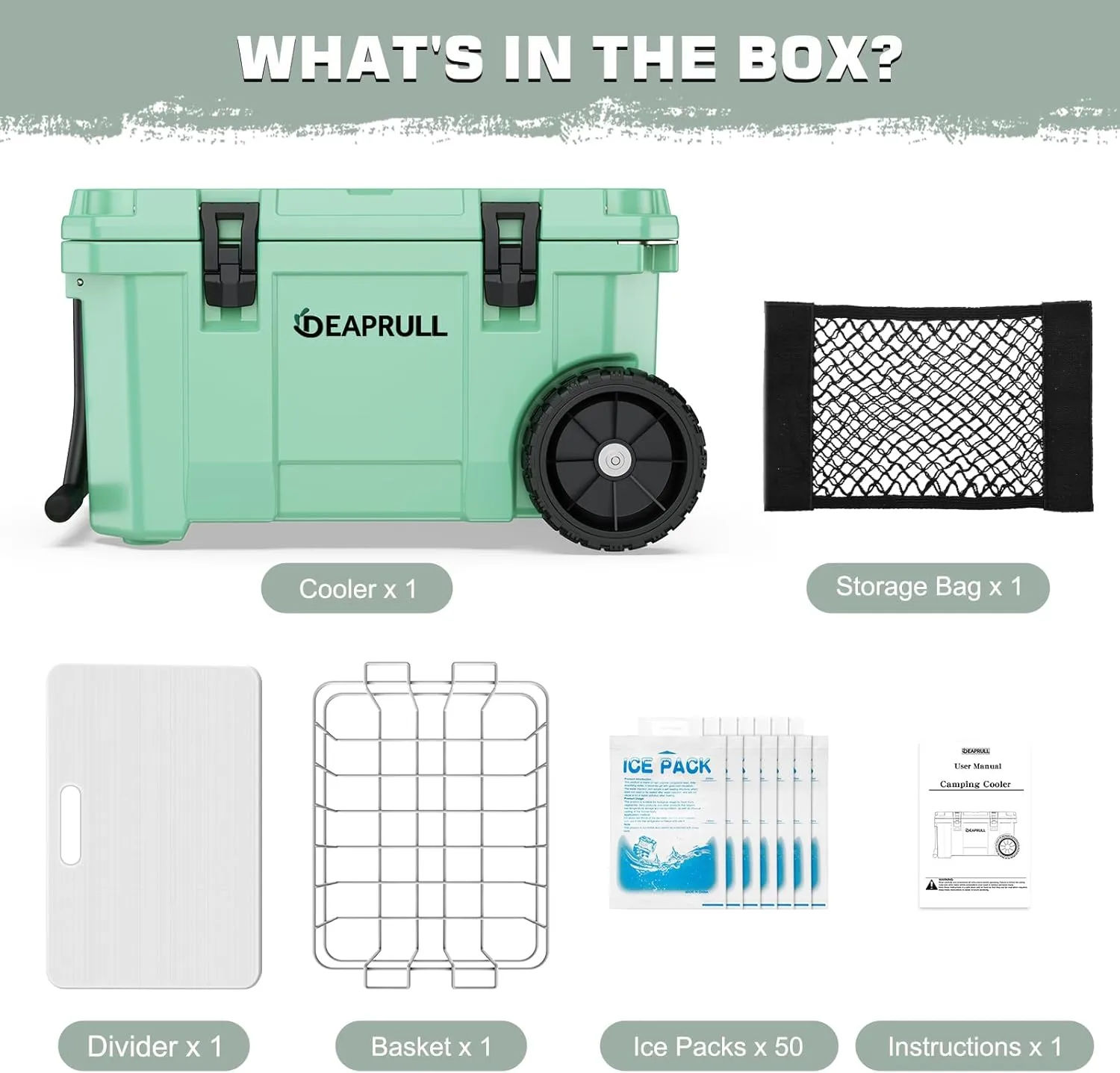 55 Quart Cooler with Wheels, Ice Chests Portable Camping Cooler Holds Ice up to 6 Days, Leak-Proof Outdoor Insulated Cooler with Handle, Cup Holders, Hard Cooler for Camping, Beach, Boat