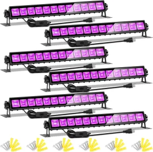 6 Pack LED Black Lights, Blacklight Bar Light Up to 3000ft² Area with Switch Plug 6ft Cable, Glow Party Light Supply for Halloween, Fluorescent Poster, Body Paint, Birthday, Bedroom, Classroom