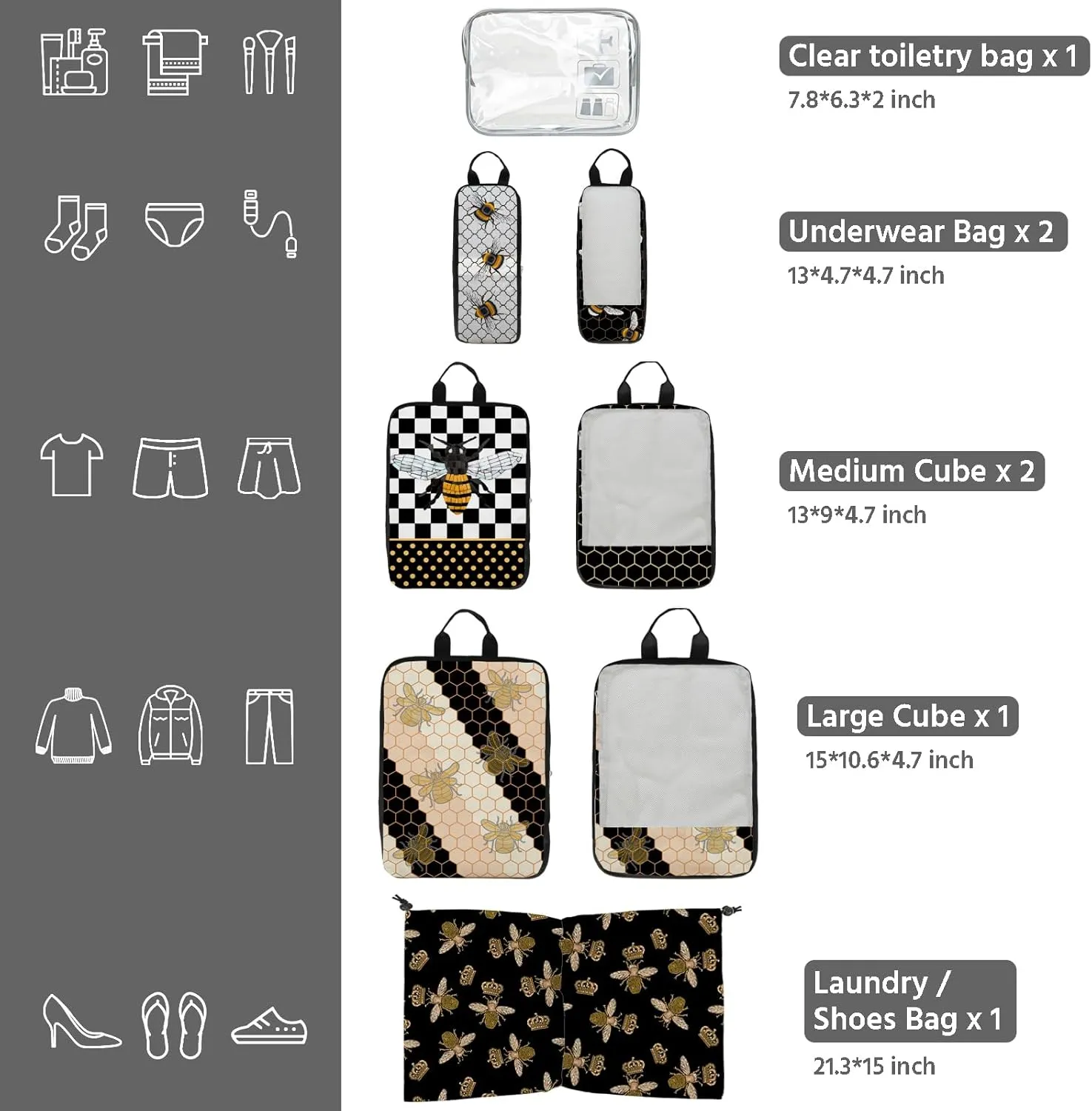 7 Pcs Compression Packing Cubes for Travel, Waterproof Suitcase Luggage Backpack Organizer with Toiletry Bag Travel Essentials for Women/Men-Bees
