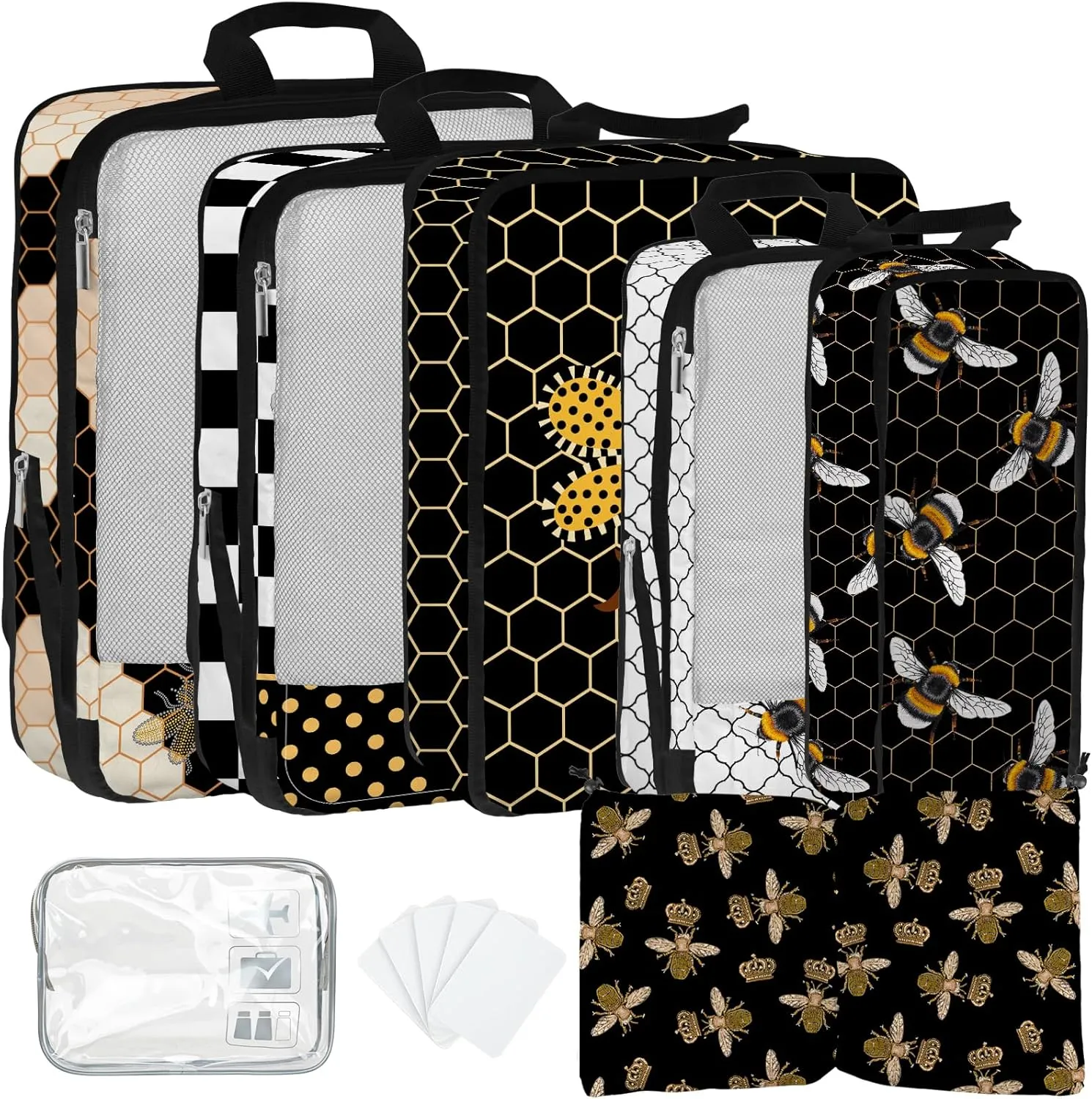 7 Pcs Compression Packing Cubes for Travel, Waterproof Suitcase Luggage Backpack Organizer with Toiletry Bag Travel Essentials for Women/Men-Bees