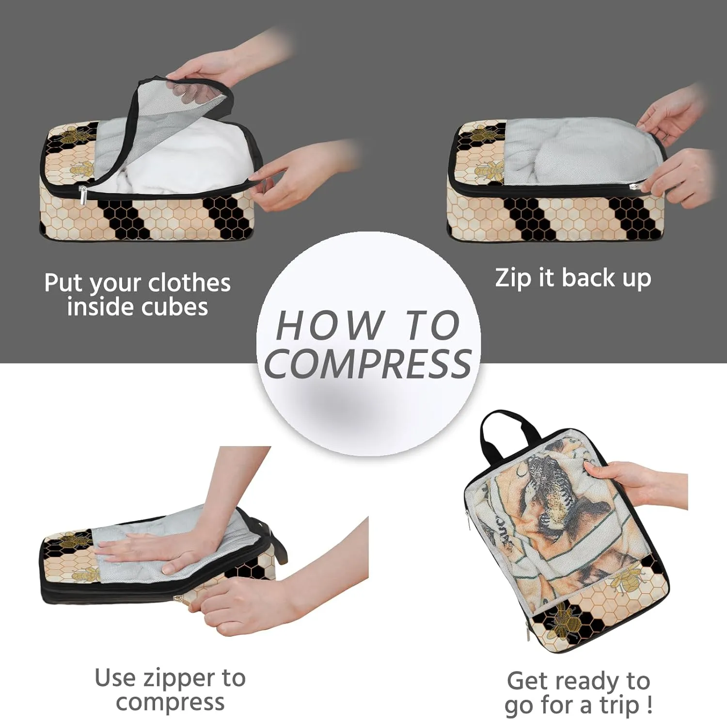 7 Pcs Compression Packing Cubes for Travel, Waterproof Suitcase Luggage Backpack Organizer with Toiletry Bag Travel Essentials for Women/Men-Bees