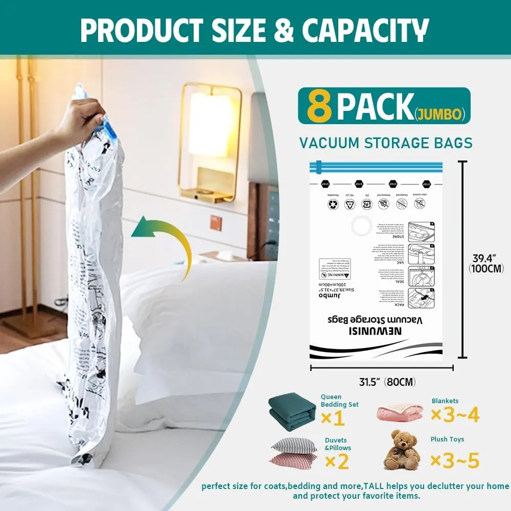 8 Jumbo Vacuum Storage Bags, Vacuum Seal Bags for Clothing, Comforters, Blankets, Space Saver Vacuum Storage Bags with Hand Pump.(39.37” X31.5”)