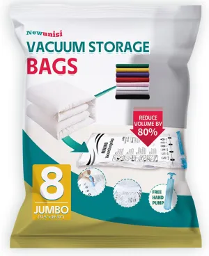 8 Jumbo Vacuum Storage Bags, Vacuum Seal Bags for Clothing, Comforters, Blankets, Space Saver Vacuum Storage Bags with Hand Pump.(39.37” X31.5”)
