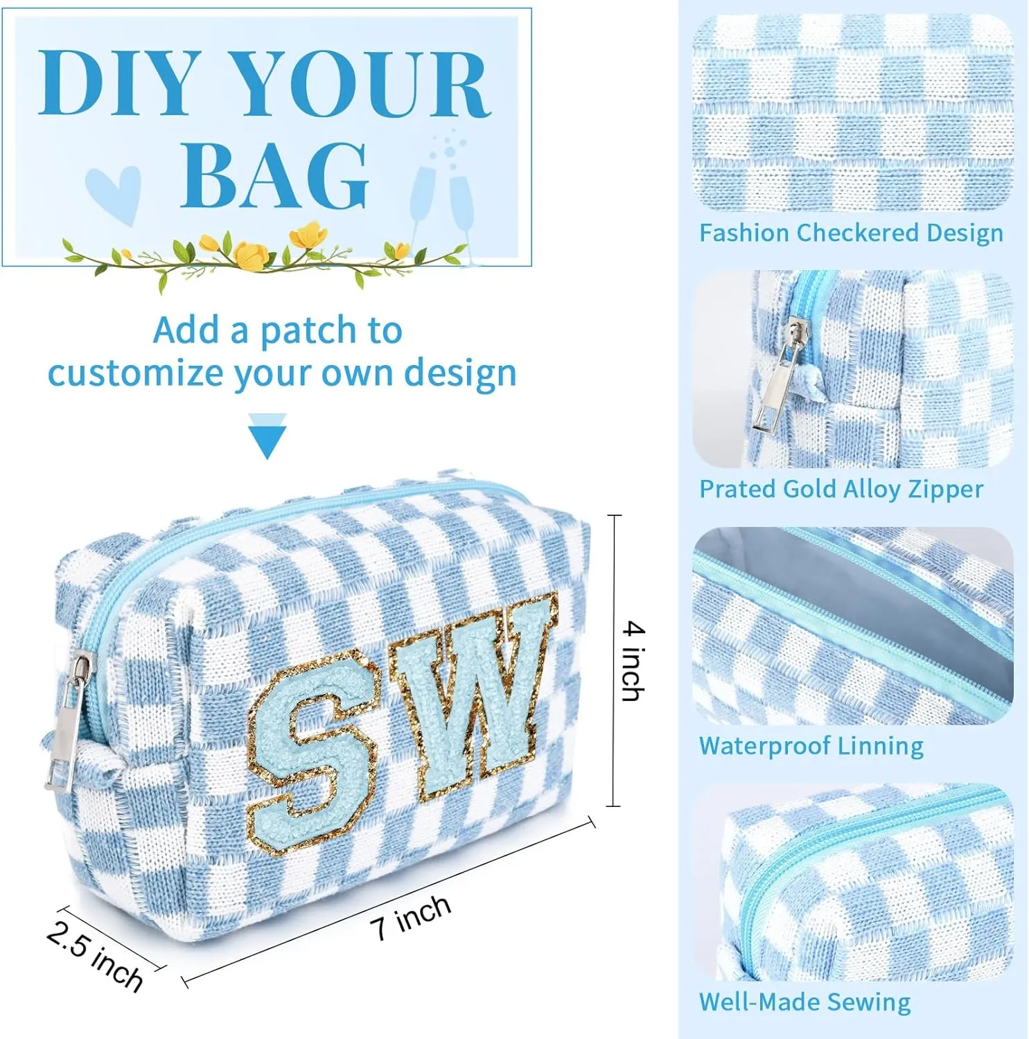 8 Pcs Checkered Makeup Bag Bridesmaid Proposal Gifts Makeup Pouch Bulk for Wedding Party Favors Bachelorette Party Decorations Toiletry Organizer Bag Cosmetic Case Gift