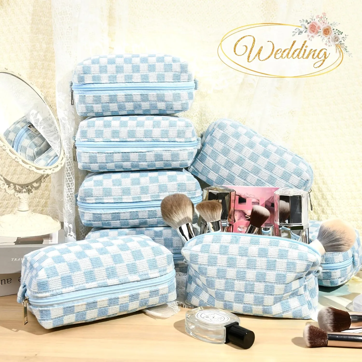 8 Pcs Checkered Makeup Bag Bridesmaid Proposal Gifts Makeup Pouch Bulk for Wedding Party Favors Bachelorette Party Decorations Toiletry Organizer Bag Cosmetic Case Gift