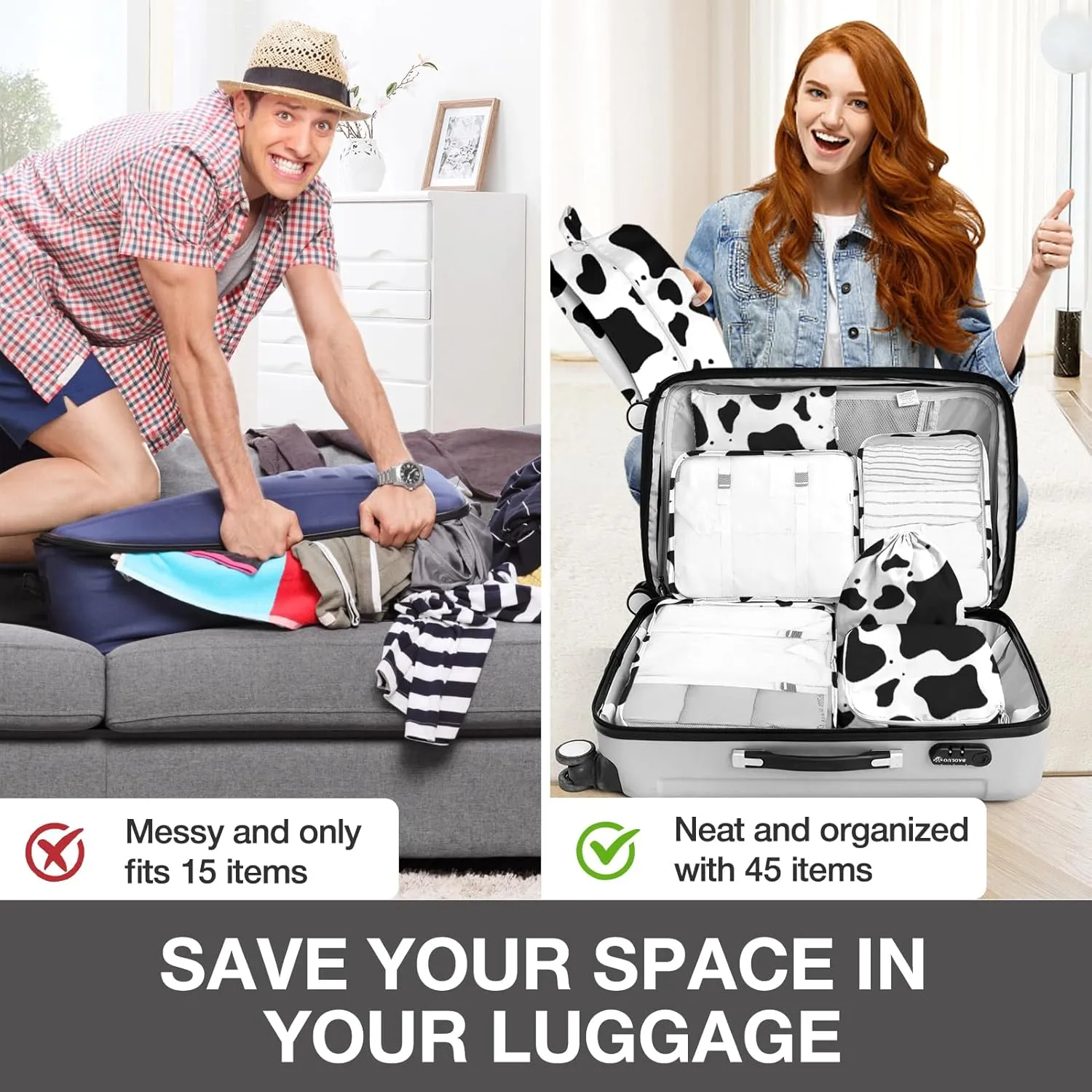 8 Set Packing Cubes for Suitcases, Packing Cube with Shoe, Cosmetics, Clothing, and Accessories Bags Packing Cubes for Travel Luggage Organizer(Cow)
