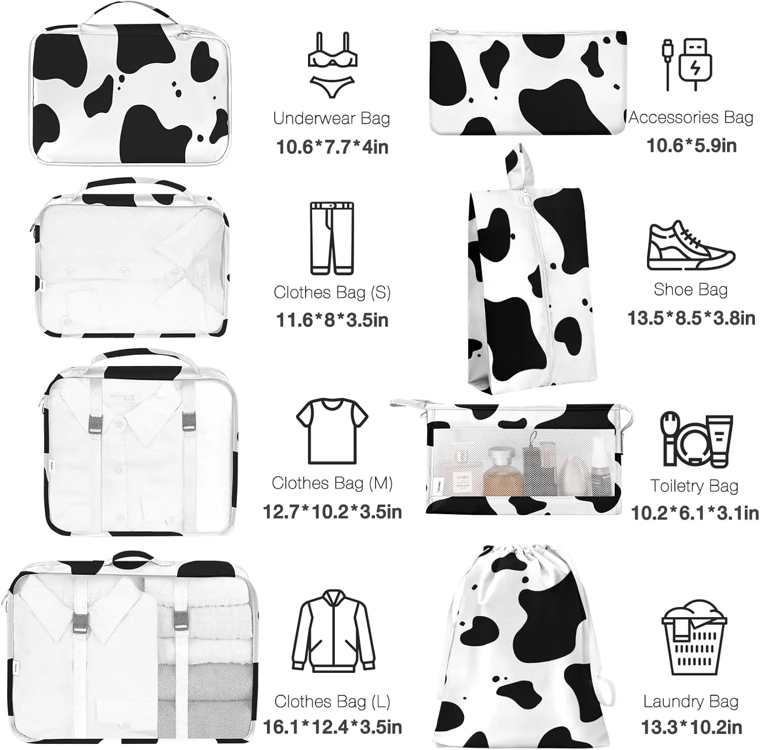 8 Set Packing Cubes for Suitcases, Packing Cube with Shoe, Cosmetics, Clothing, and Accessories Bags Packing Cubes for Travel Luggage Organizer(Cow)