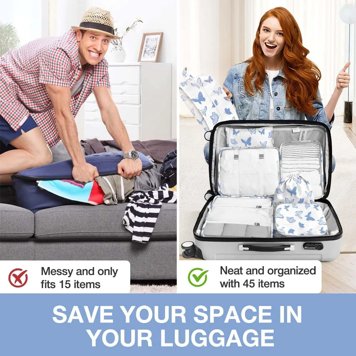 8 Set Packing Cubes for Suitcases,Packing Cube with Shoe, Cosmetics, Clothing, Accessories Bags Packing Cubes for Travel Luggage Organizer Women Men(Butterfly)