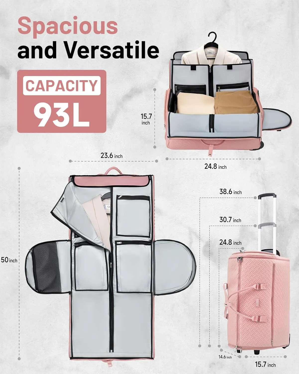 93L Carry on Garment Duffle Bag with Wheels, Folding Convertible Rolling Garment Bag for Travel with Shoes Compartment, Wheeled Waterproof Suit Bag Travel for Men Women