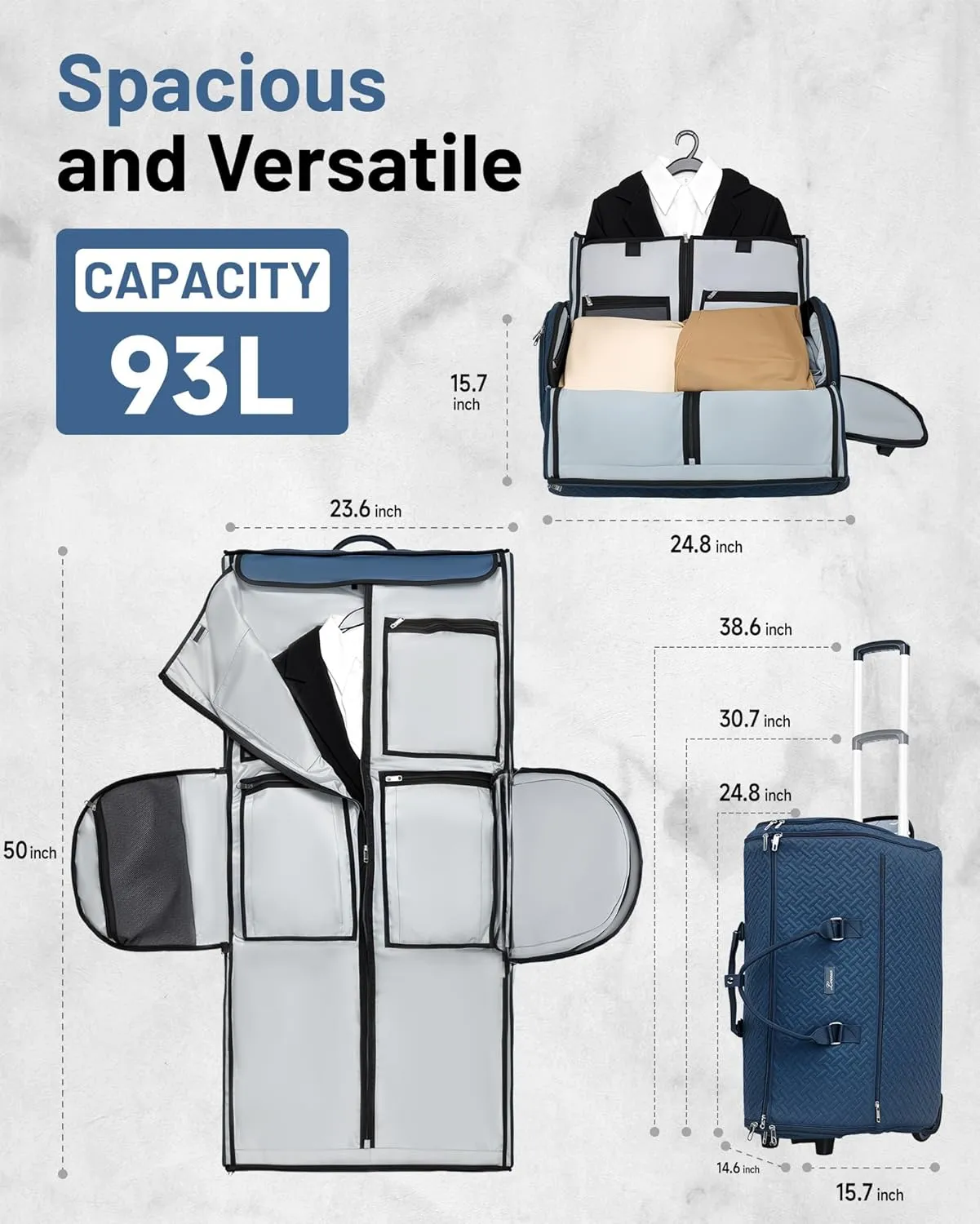93L Carry on Garment Duffle Bag with Wheels, Folding Convertible Rolling Garment Bag for Travel with Shoes Compartment, Wheeled Waterproof Suit Bag Travel for Men Women