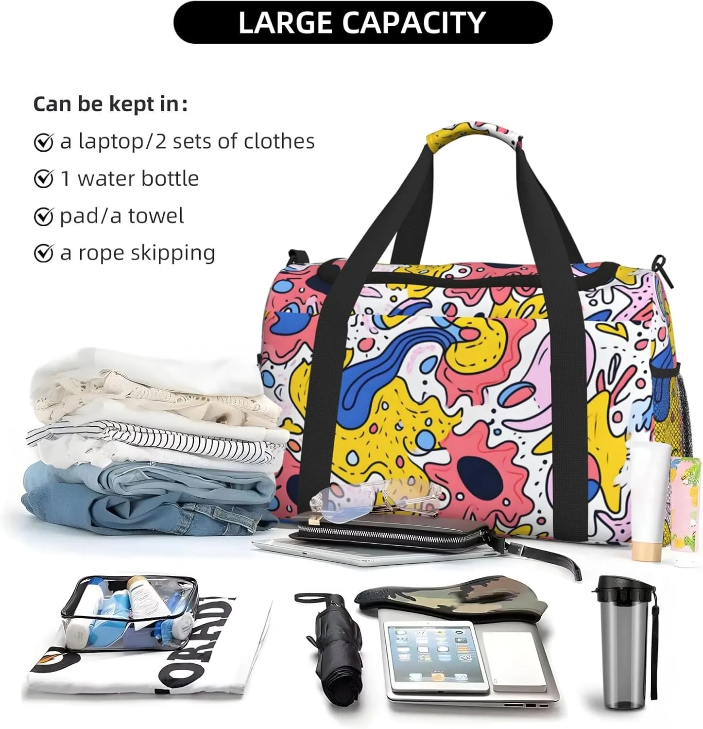Abstract Cartoon Graphics Duffle Bag Foldable Travel Tote Bag Carry On Large Weekender Overnight Bags Waterproof Gym Bag For Women Men