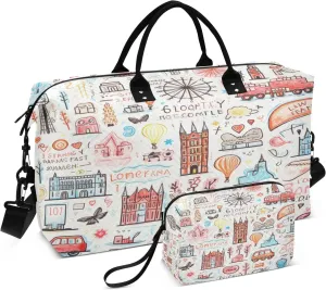 Abstract Doodle London Travel Duffel Bags Gym Bag Weekender Handbag with Toiletry Bag for Women Girls Men