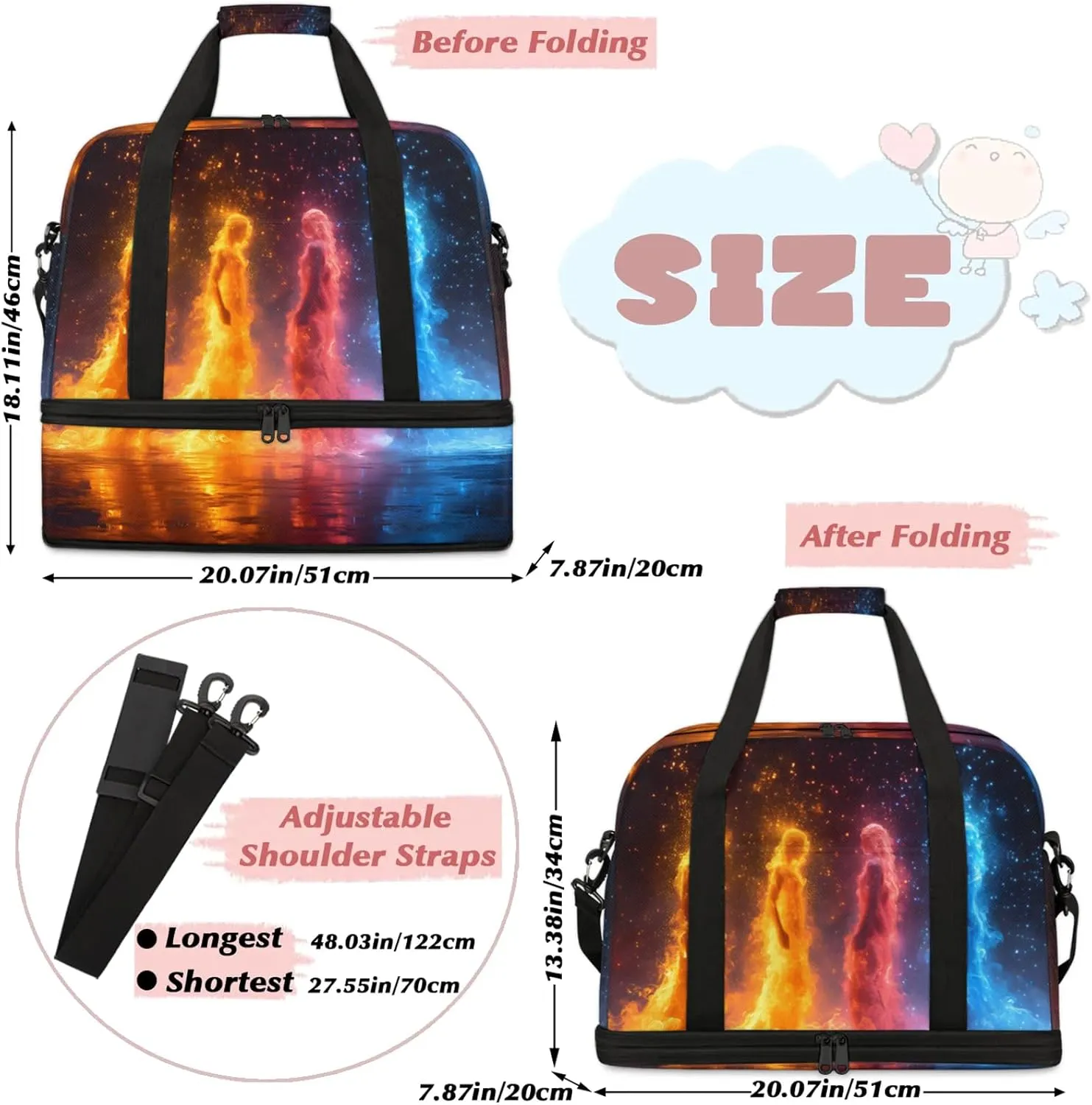 Abstract Fire Yellow Travel Duffel Bags for Women & Men Large Sports Gym Bags Foldie Weekender Overnight Bag Carry On Tote Bag With Shoe Compartment Personal Item Luggage for Travel Sports Gym