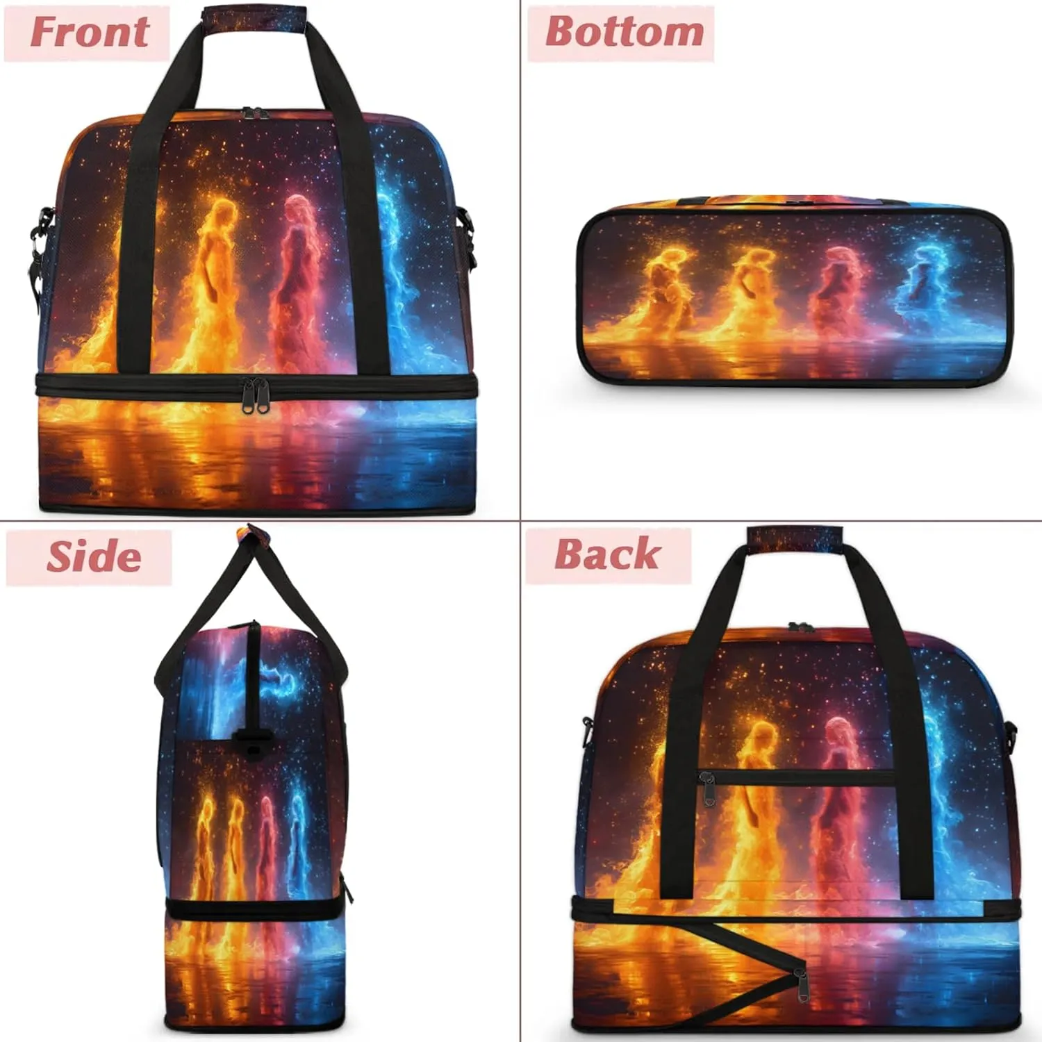 Abstract Fire Yellow Travel Duffel Bags for Women & Men Large Sports Gym Bags Foldie Weekender Overnight Bag Carry On Tote Bag With Shoe Compartment Personal Item Luggage for Travel Sports Gym