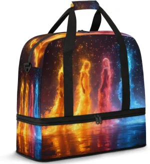 Abstract Fire Yellow Travel Duffel Bags for Women & Men Large Sports Gym Bags Foldie Weekender Overnight Bag Carry On Tote Bag With Shoe Compartment Personal Item Luggage for Travel Sports Gym
